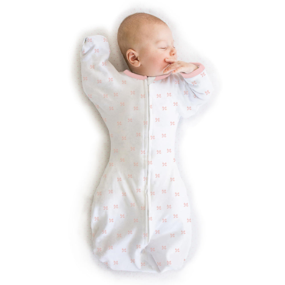 Amazing Baby Transitional Swaddle Sack arm-up sleeves with pink tiny bows for self-soothing