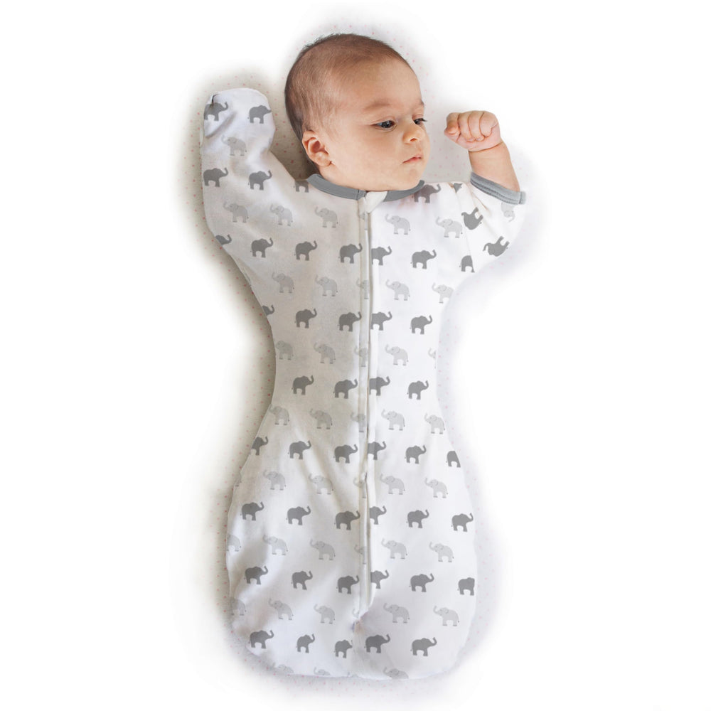 Amazing Baby Transitional Swaddle Sack arm-up sleeves demonstrates flexible sleep transition