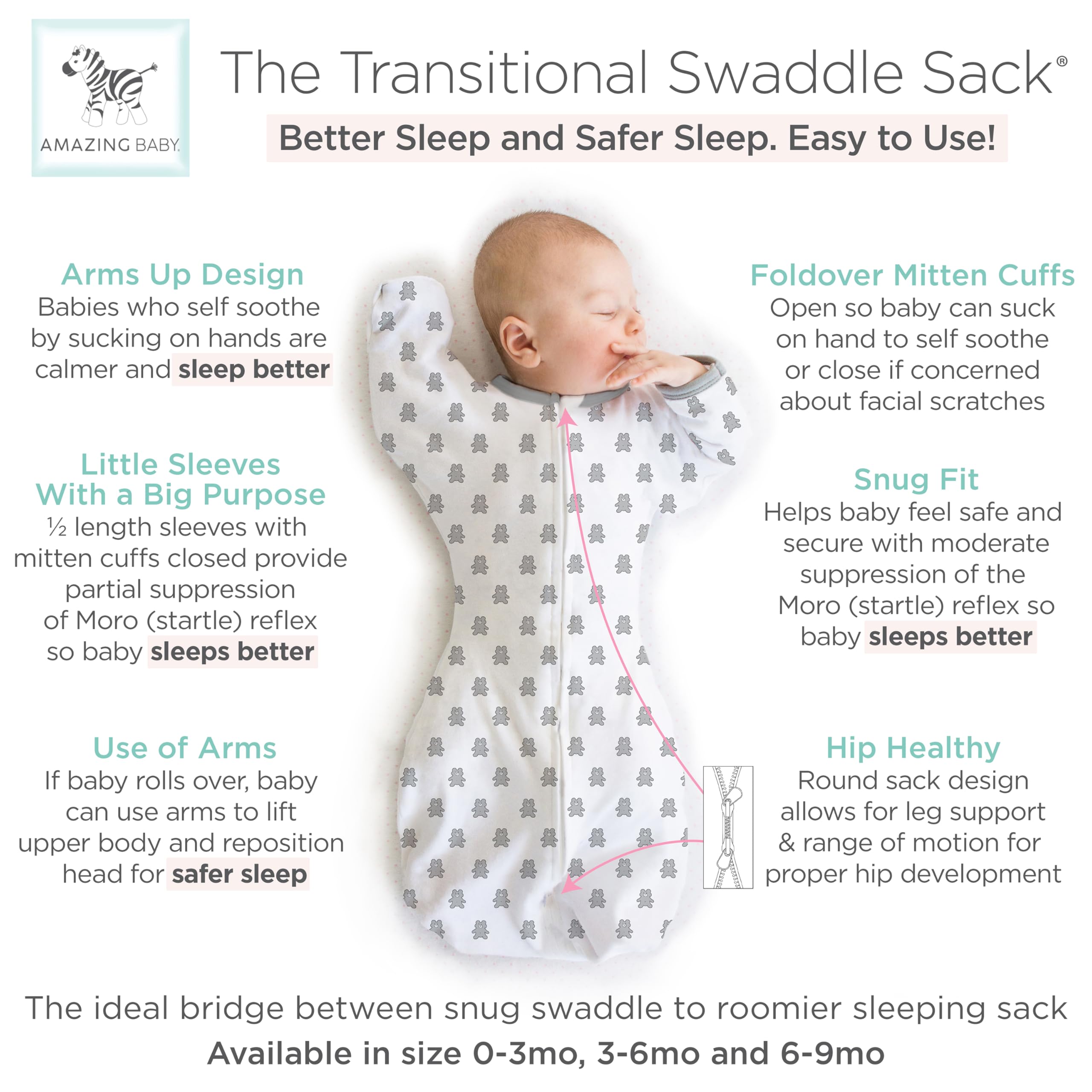 Amazing Baby Transitional Swaddle Sack foldover mitten cuffs in action for flexible self-soothing