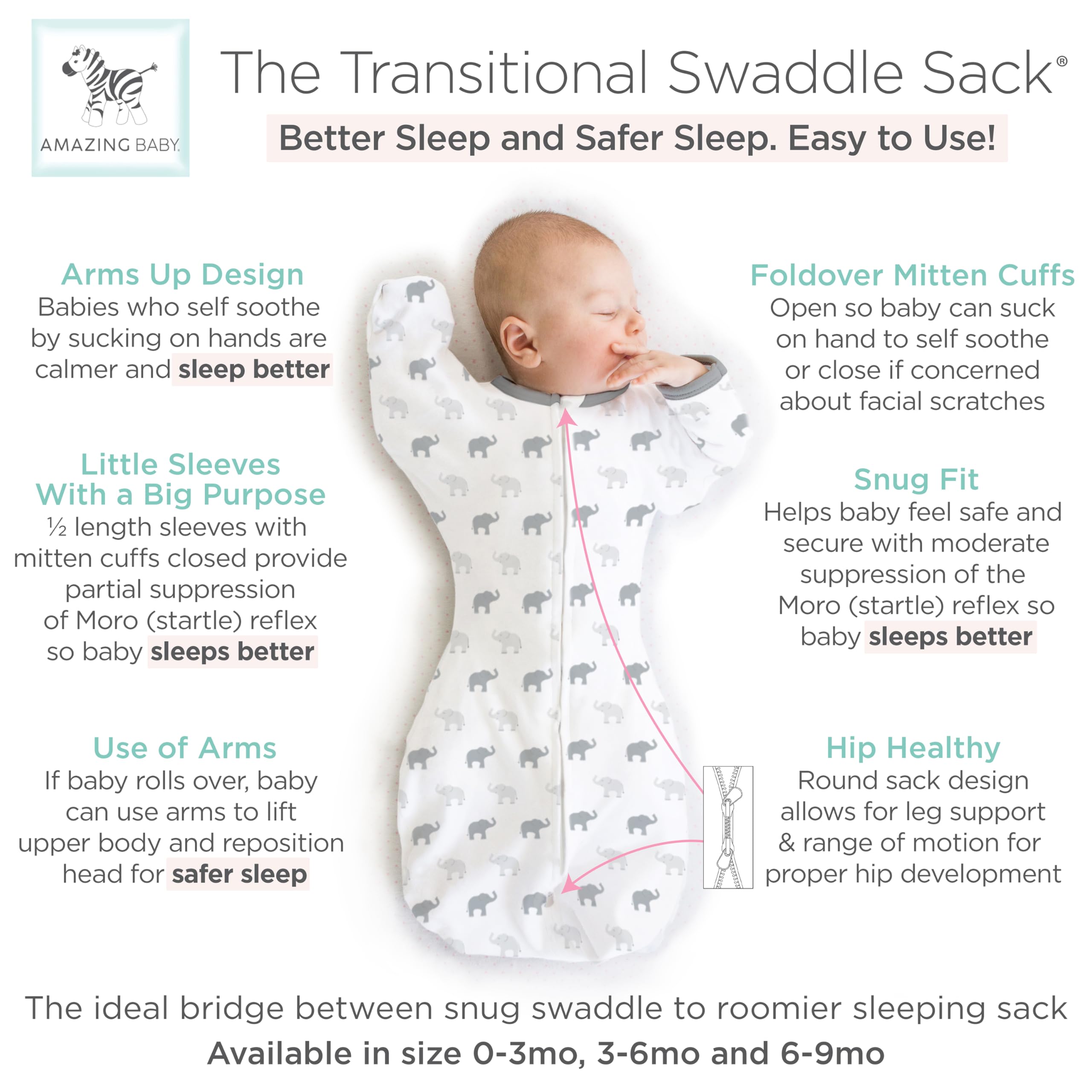 Amazing Baby Transitional Swaddle Sack foldover mittens protect face while self-soothing