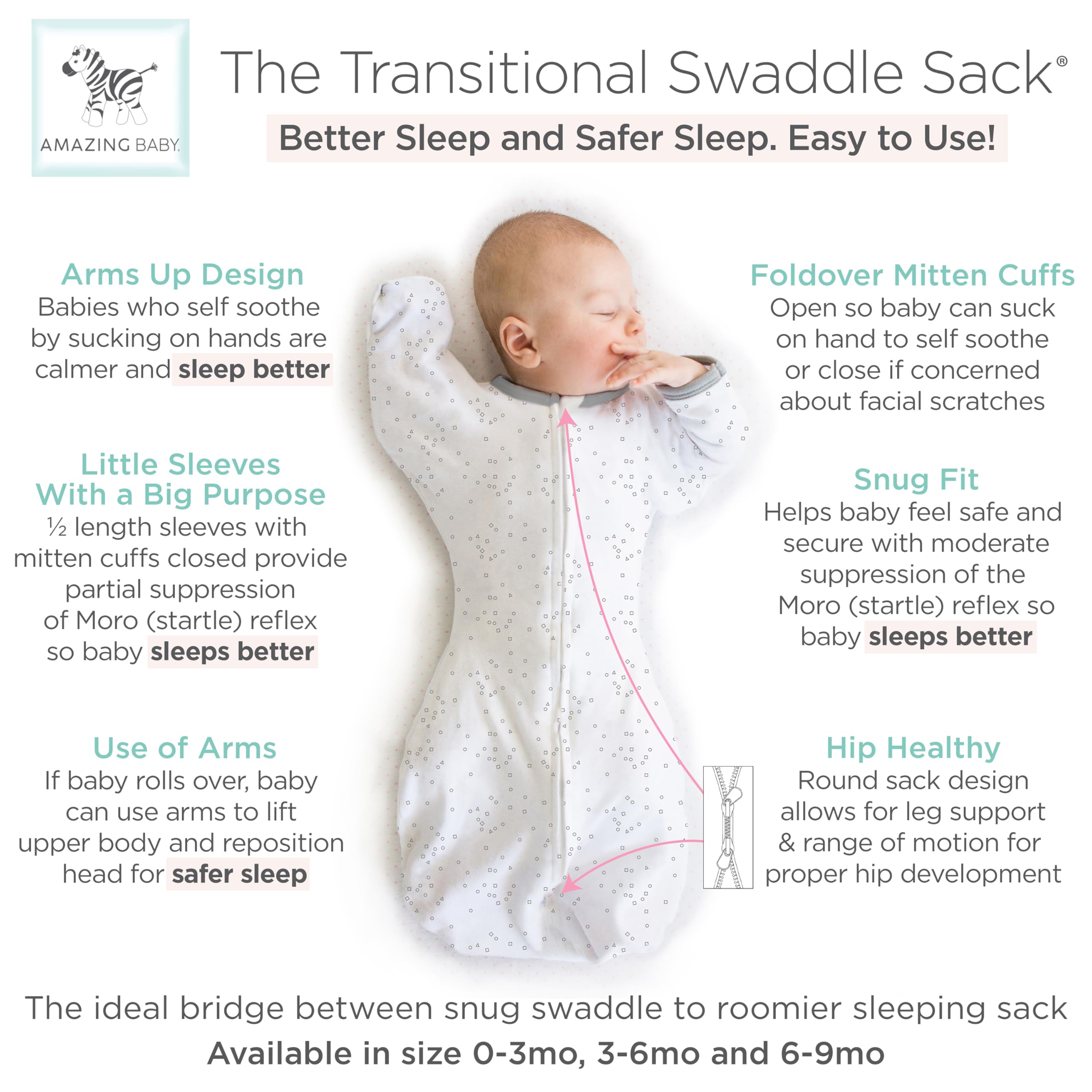 Amazing Baby arms up sleeves with mitten cuffs open or closed supports self soothing