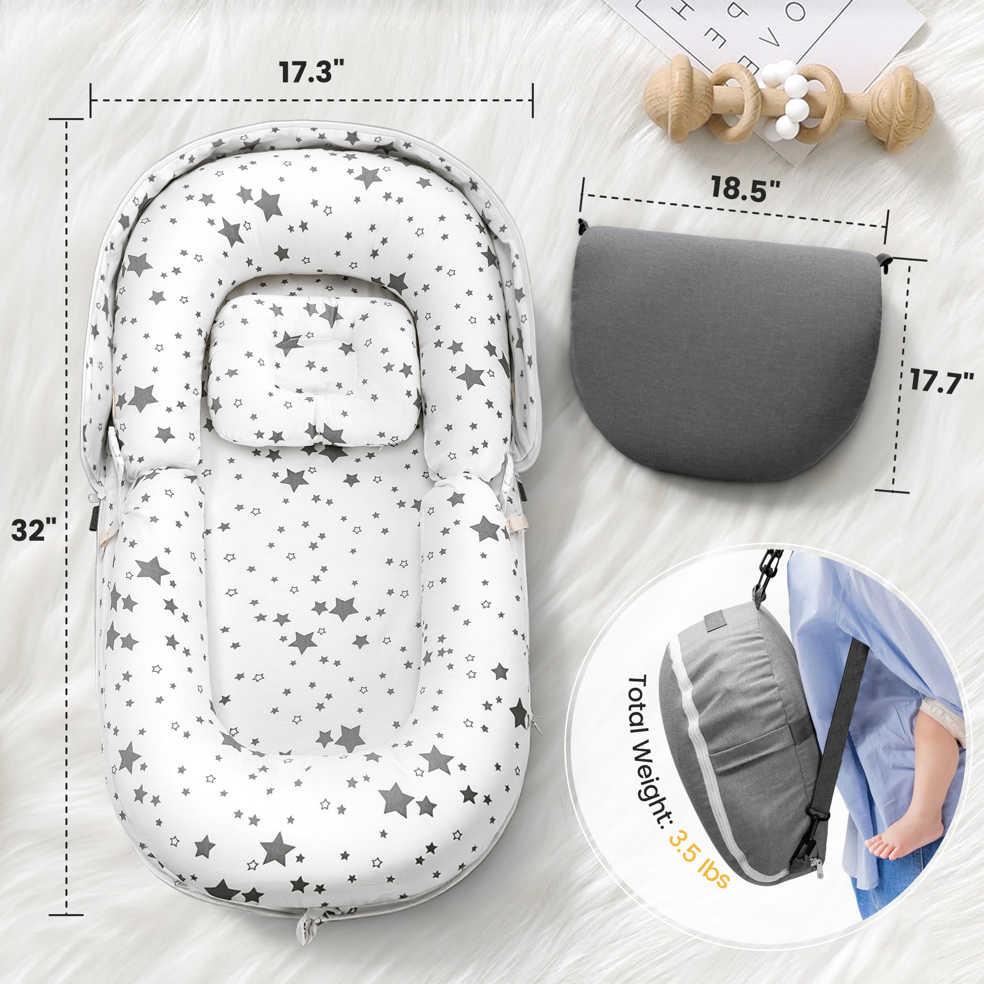 AmazingLife Baby Lounger Star foldable-backpack feature shown for easy travel with infants.