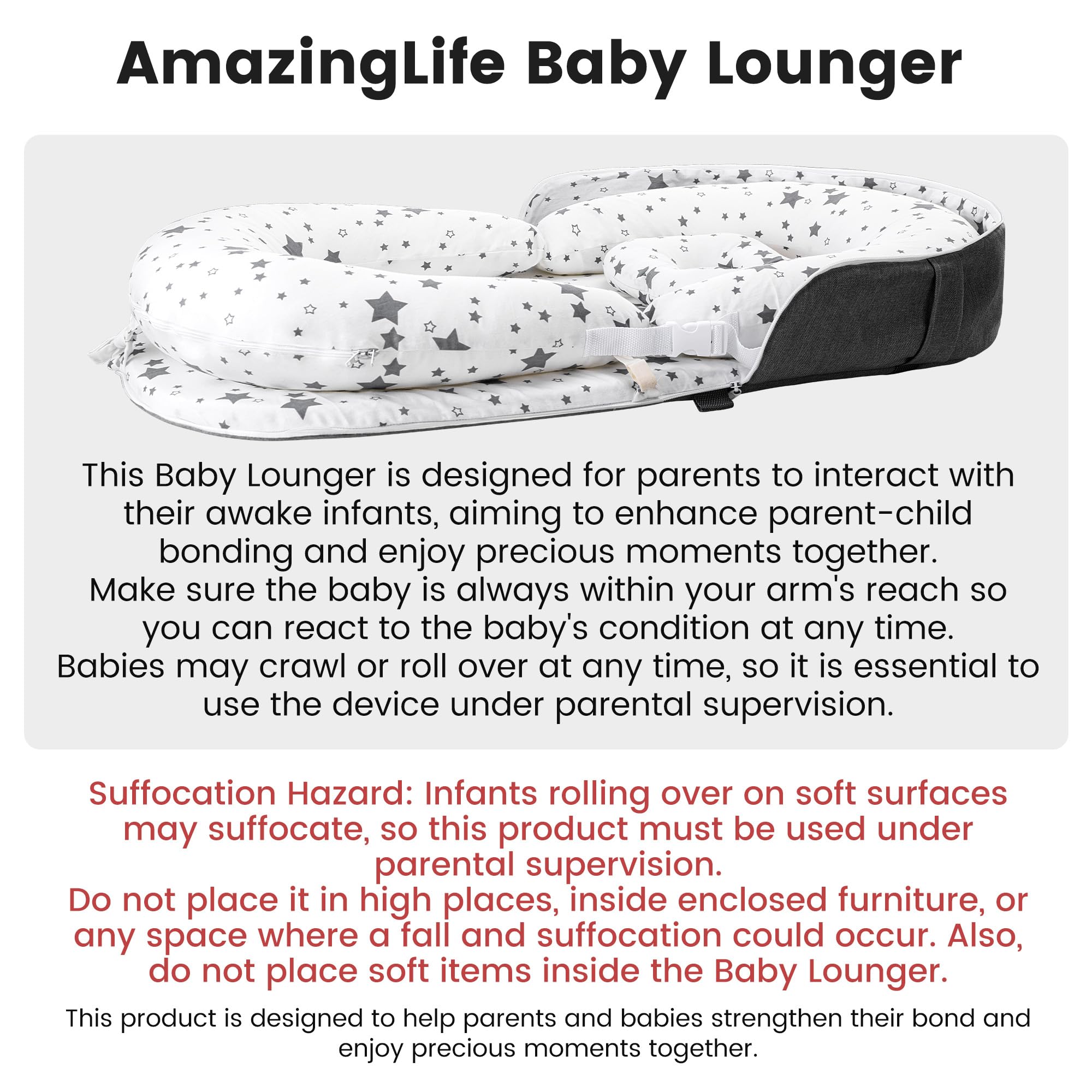 AmazingLife Baby Lounger Star machine-washable cover makes maintenance simple.
