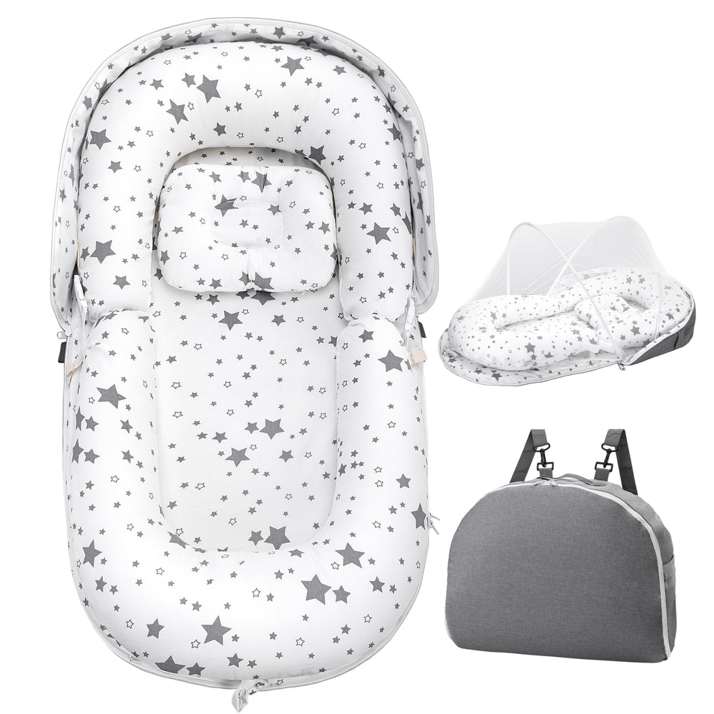 AmazingLife Baby Lounger Star mosquito-net setup highlights breathable, skin-friendly fabric for newborn comfort.
