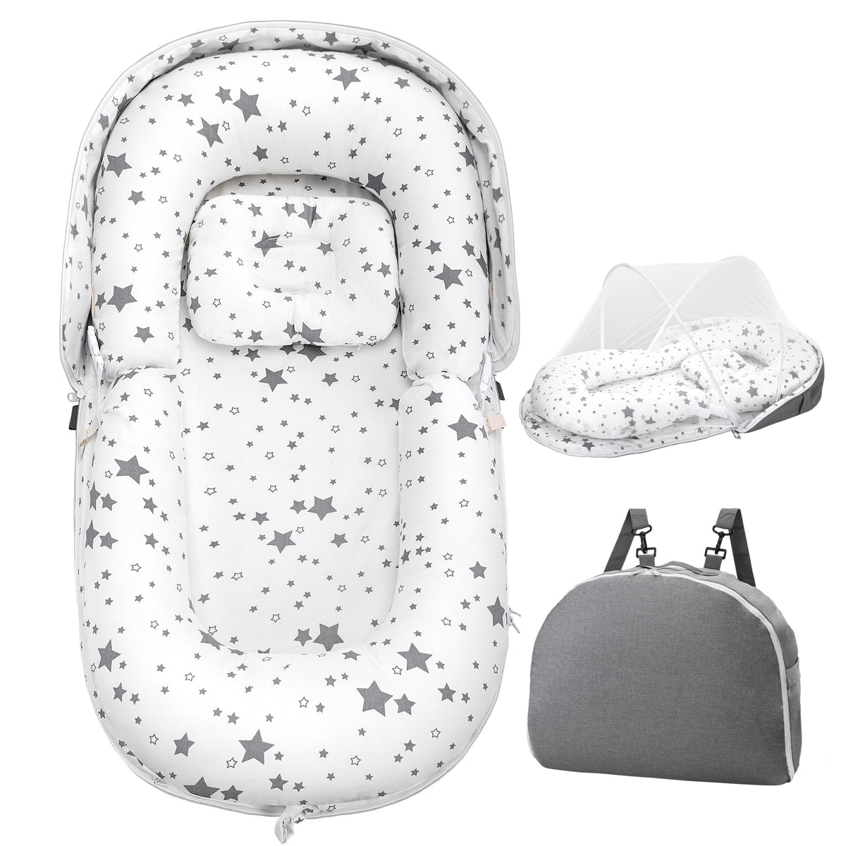 AmazingLife Baby Lounger Star mosquito-net setup highlights breathable, skin-friendly fabric for newborn comfort.