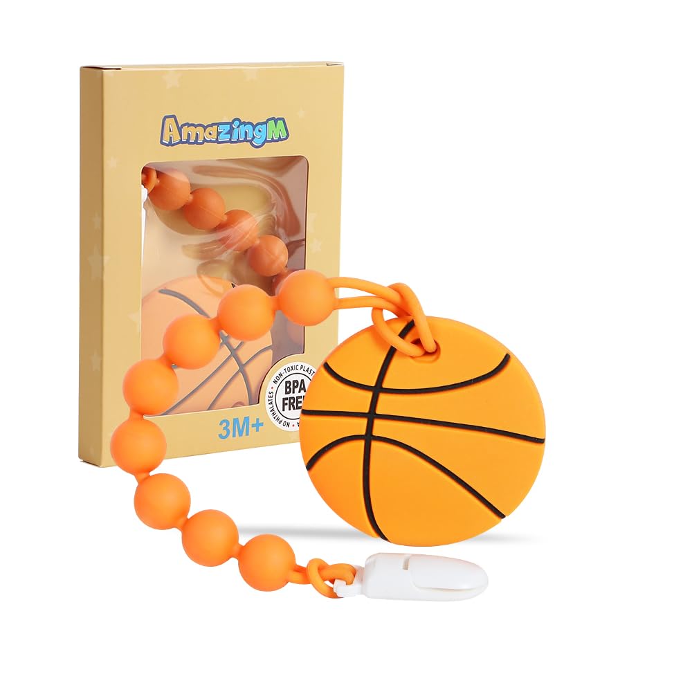 AmazingM baby silicone sport ball teether close-up shows safe, flexible relief for teething on-the-go.