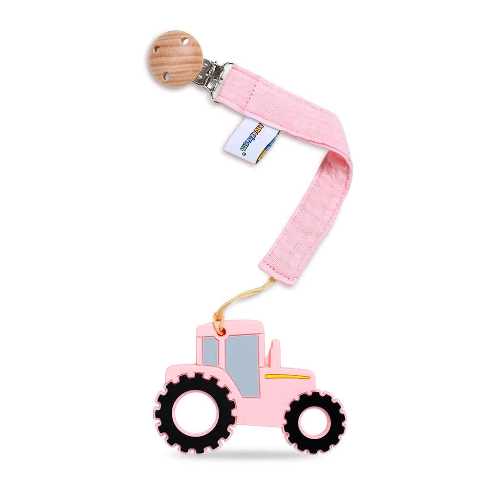 AmazingM baby tractor teether pink with textured silicone to soothe gums