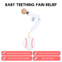 AmazingM Baseball Teether in use by baby promotes chewing and gum stimulation.