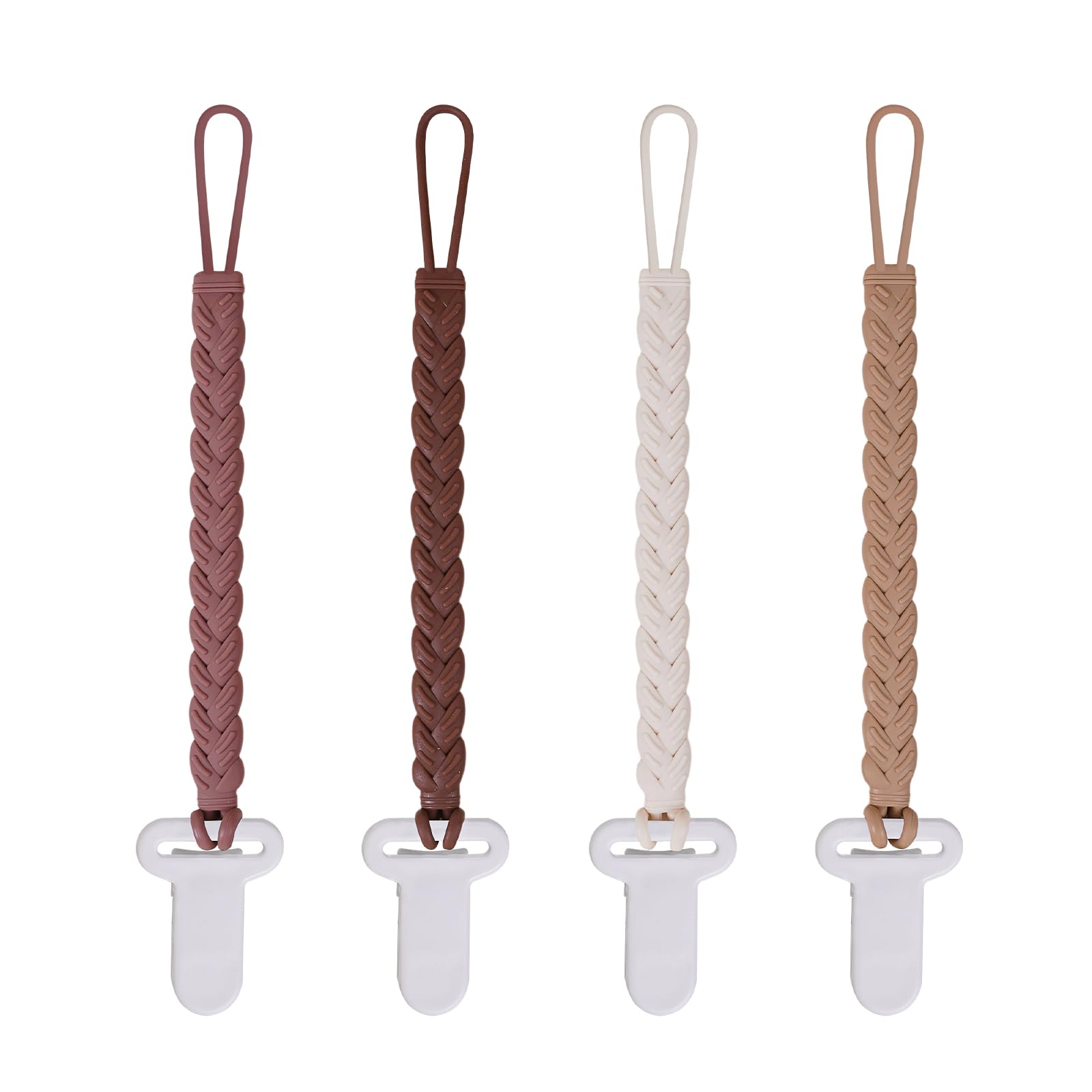 AmazingM brown-teething-clip woven design keeps pacifiers secure during outings.