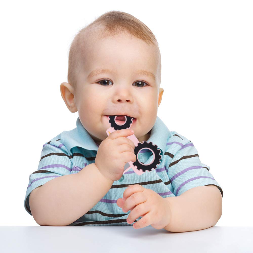 AmazingM baby teether packaging pink tractor appeals as gift.