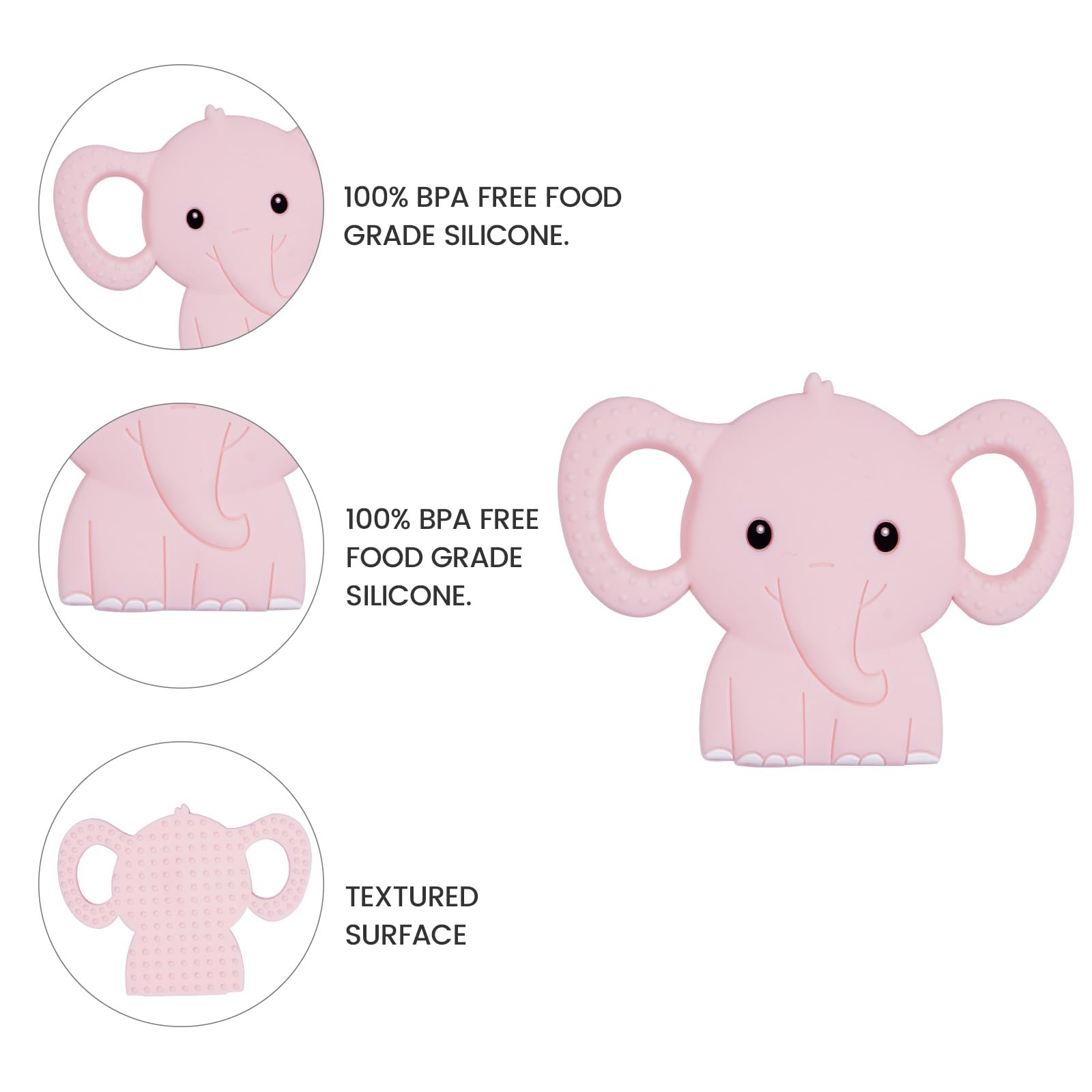 AmazingM elephant teether on clip demonstrates secure one-piece design for stroller or clothes.