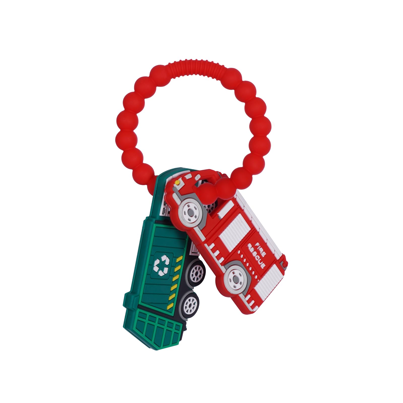 AmazingM fire-truck silicone baby ring toy soothes teething discomfort.