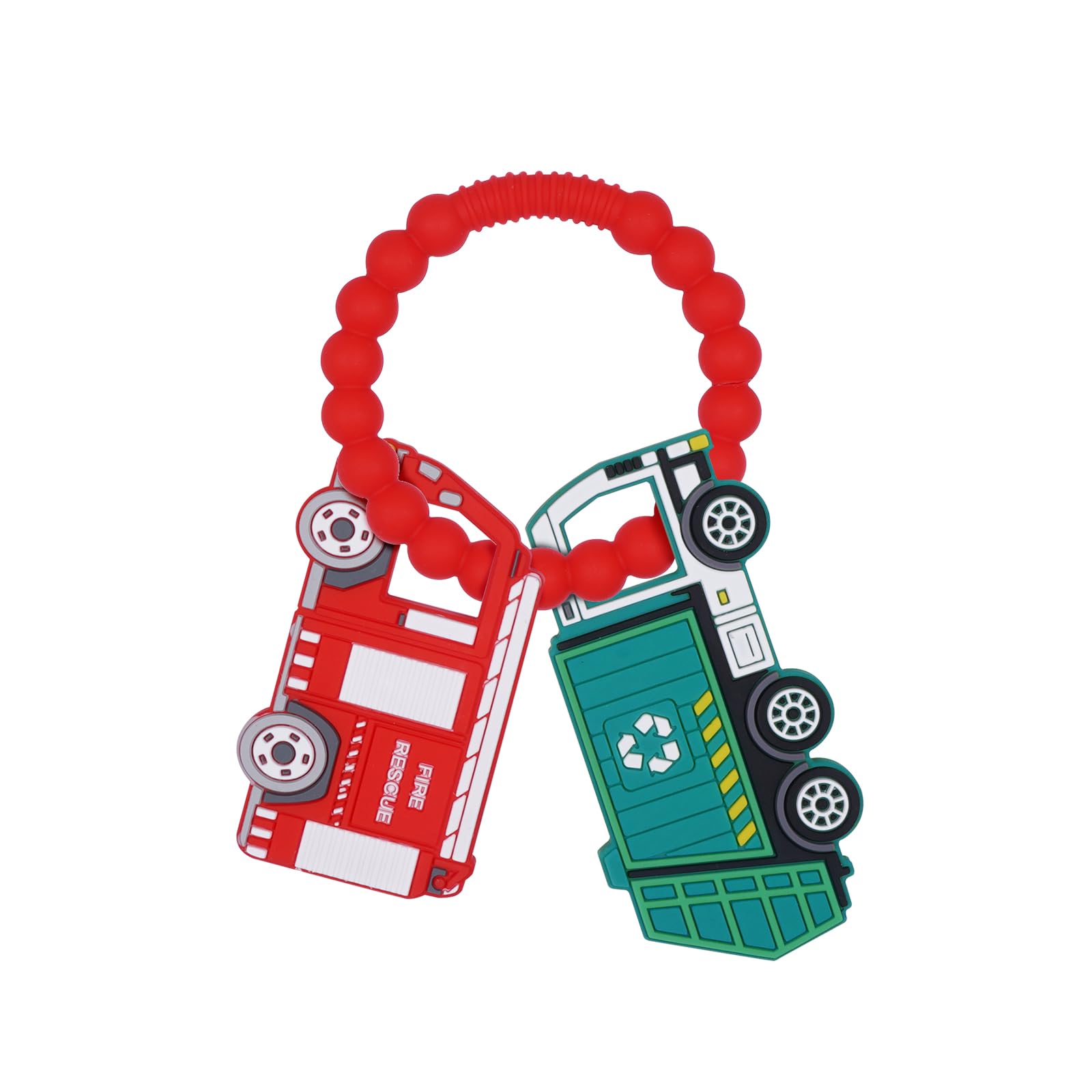 AmazingM garbage-truck teether with textured surfaces supports evolving teething stages.