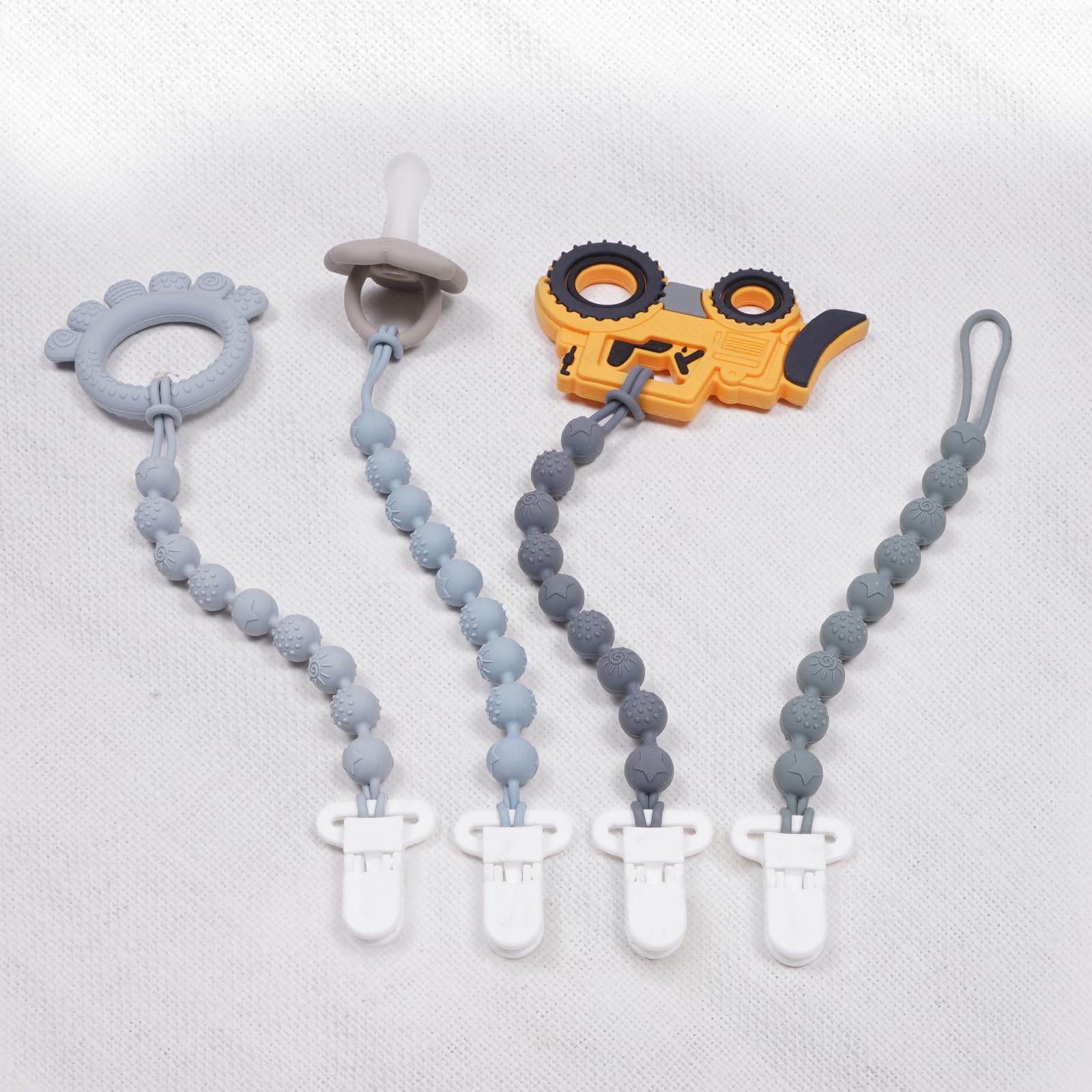AmazingM gray pacifier clip attaches securely to clothes, blankets, strollers, or car seats