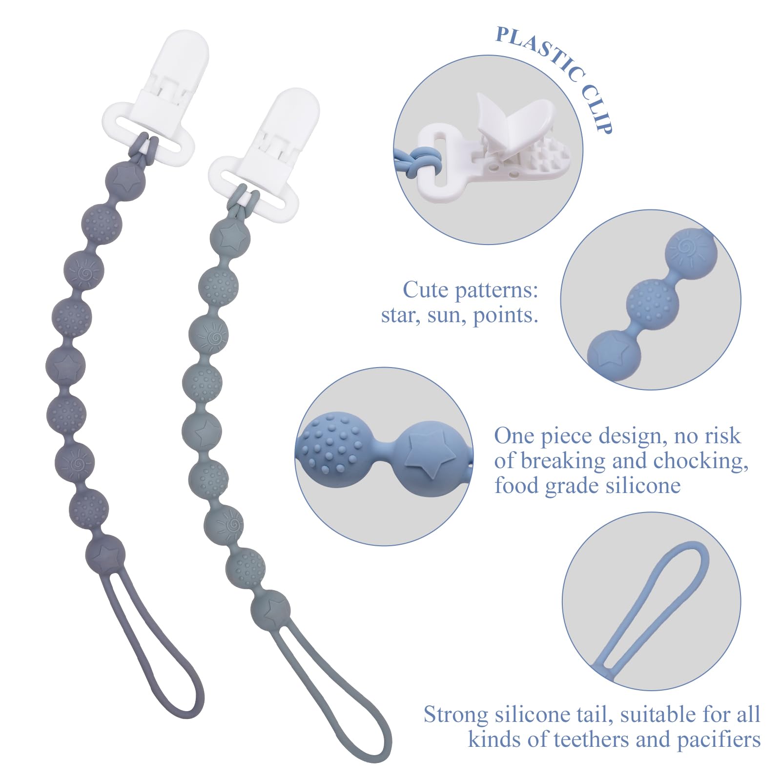 AmazingM gray pacifier clip textured surface offers grip for tiny fingers during use