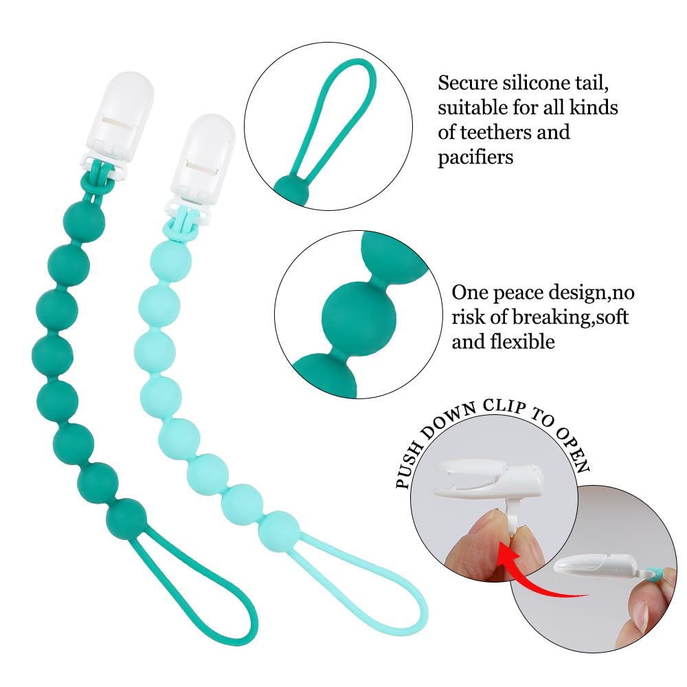 AmazingM green pacifier clip on clothes enables secure carry during outings.