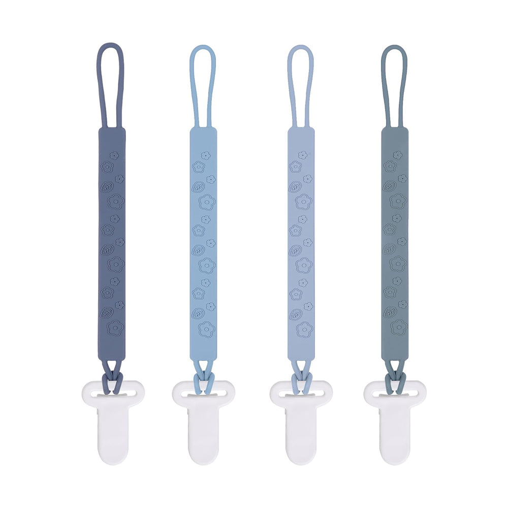 AmazingM one-piece silicone pacifier clip with flowers and leaves in gray keeps pacifiers within reach.
