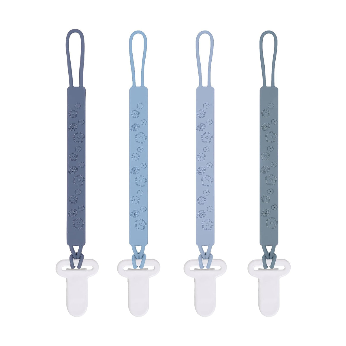 AmazingM one-piece silicone pacifier clip with flowers and leaves in gray keeps pacifiers within reach.