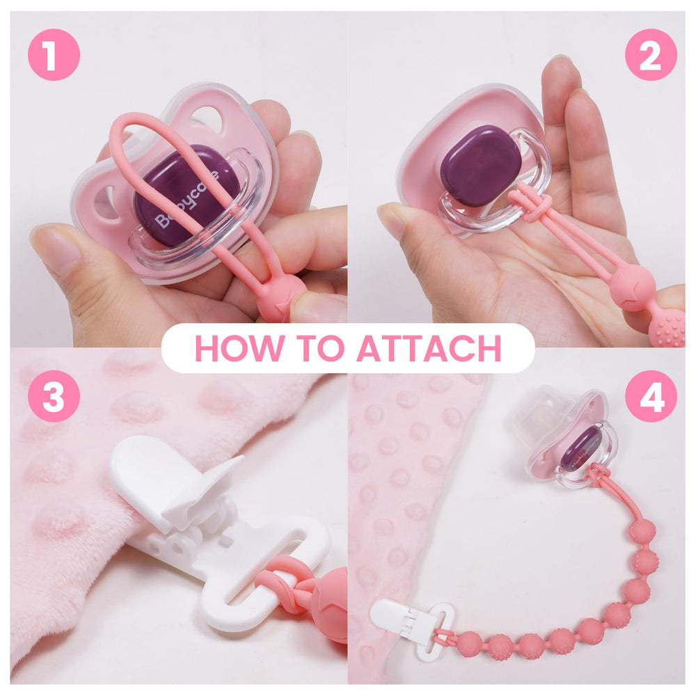 AmazingM pacifier clip attached to a baby's clothes for secure carry