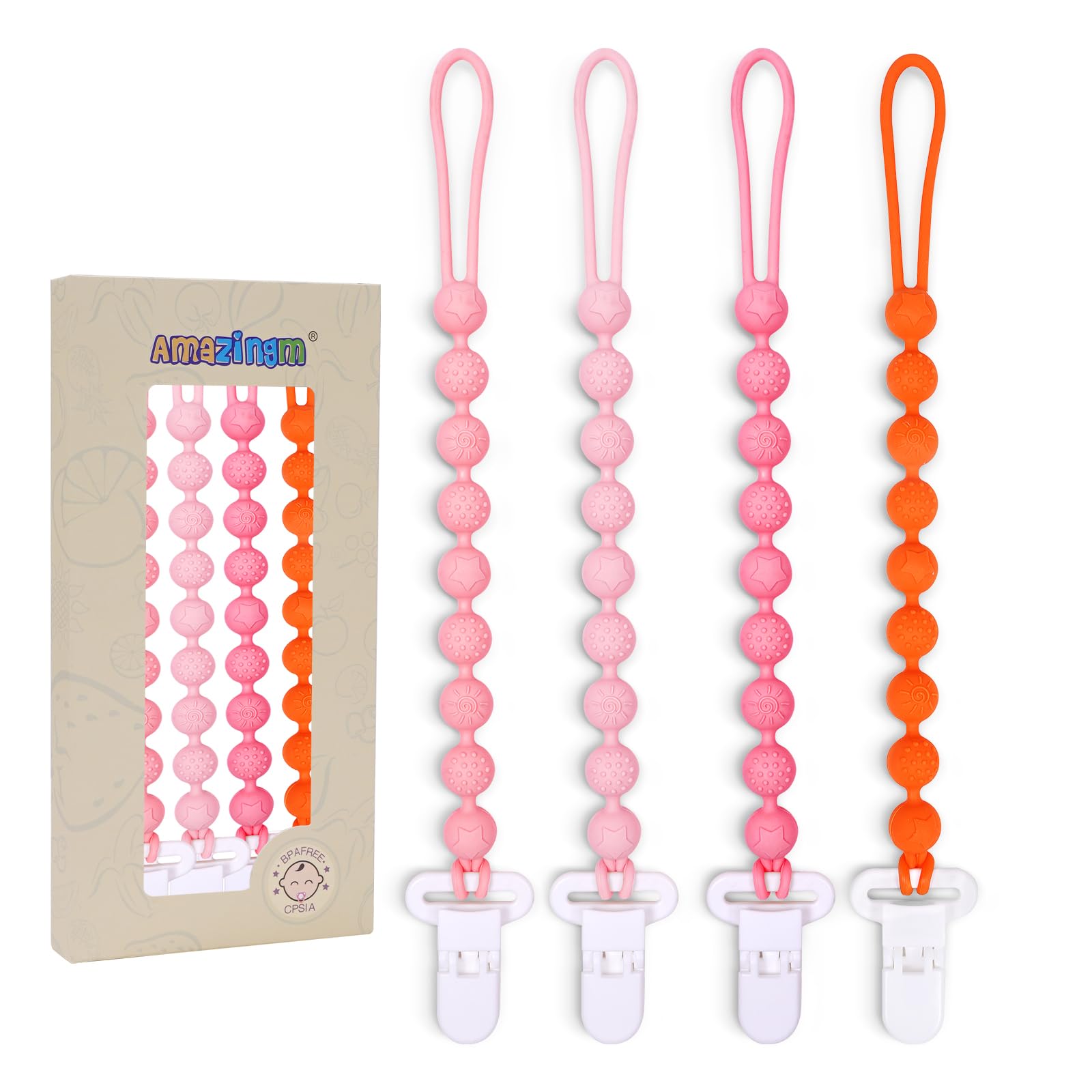 AmazingM pink silicone teething clip closeup showing one-piece design for safe use