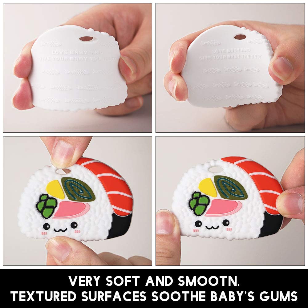 AmazingM sushi teether textured surfaces for gum massage during teething.