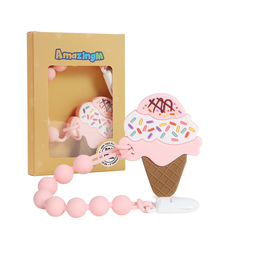 AmazingM teether with textured surfaces soothes babies' gums during teething.