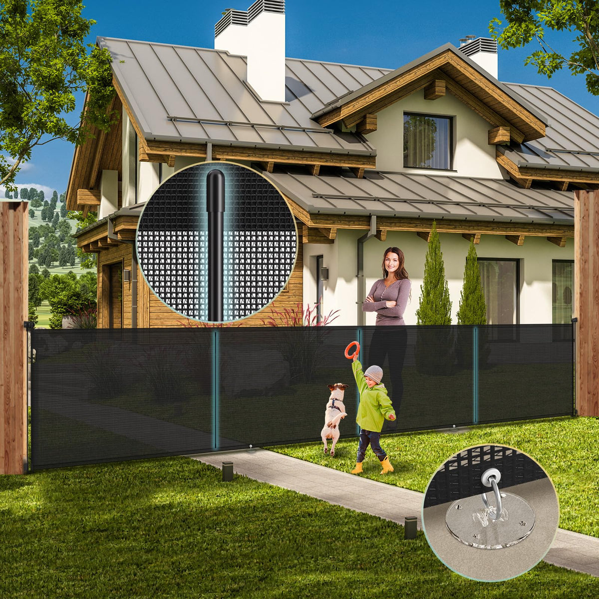 AMAZKRUS 180-inch retractable gate fully extended for wide doorways and pets.