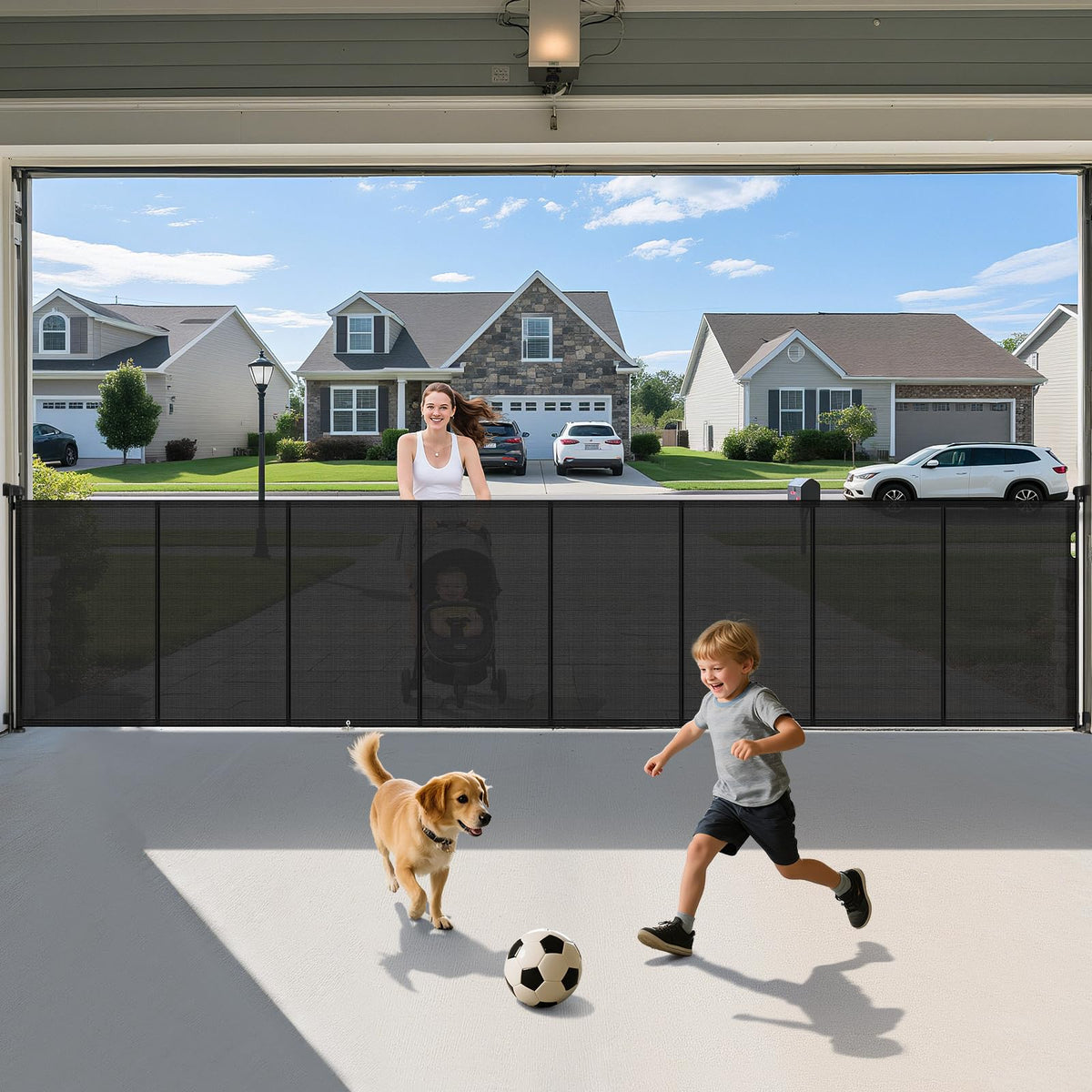 AMAZKRUS 236'' retractable gate fully extended across a doorway, ideal for wide openings and play-area safety.