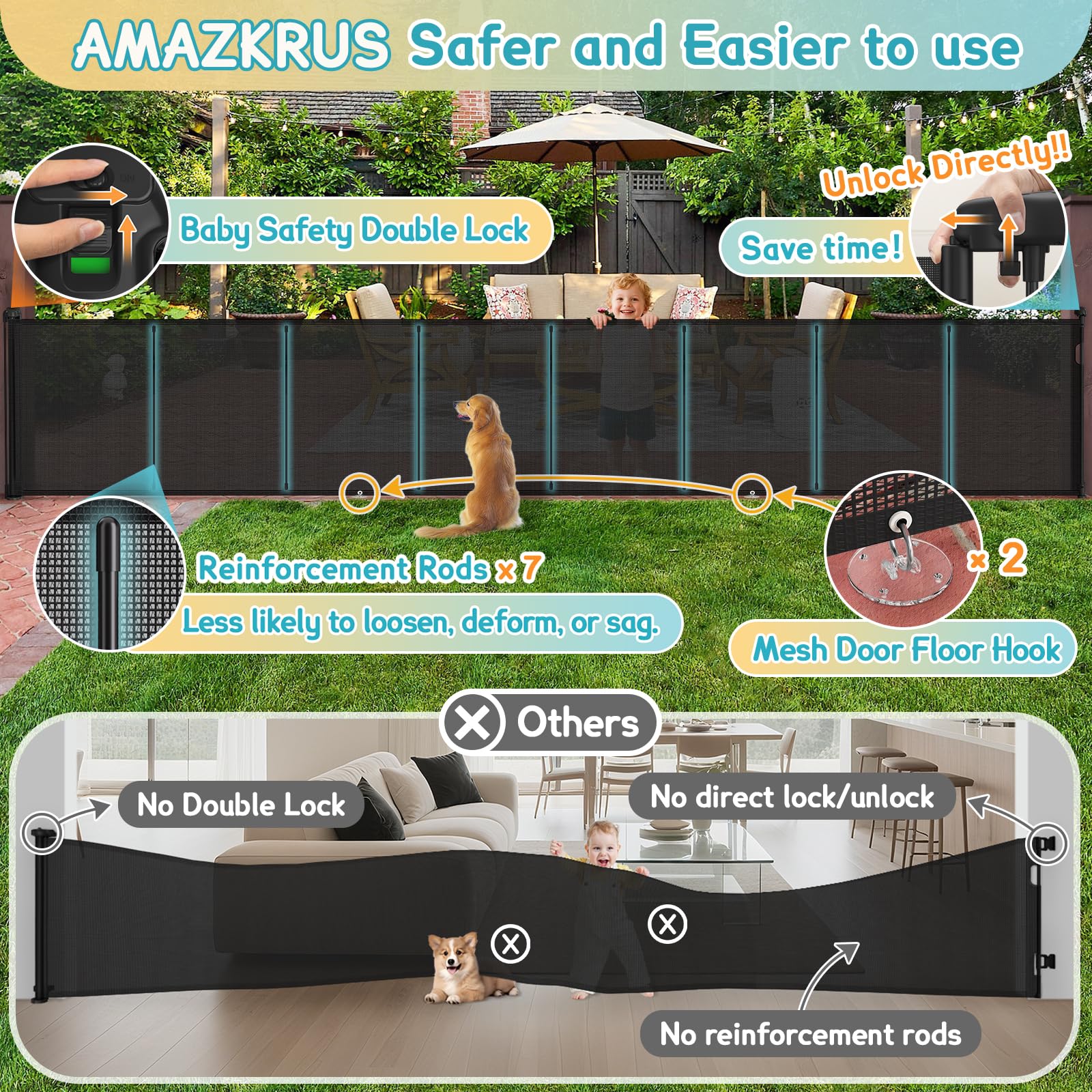 AMAZKRUS 42-inch tall gate installed on stairs, providing a tall barrier for pets and kids.