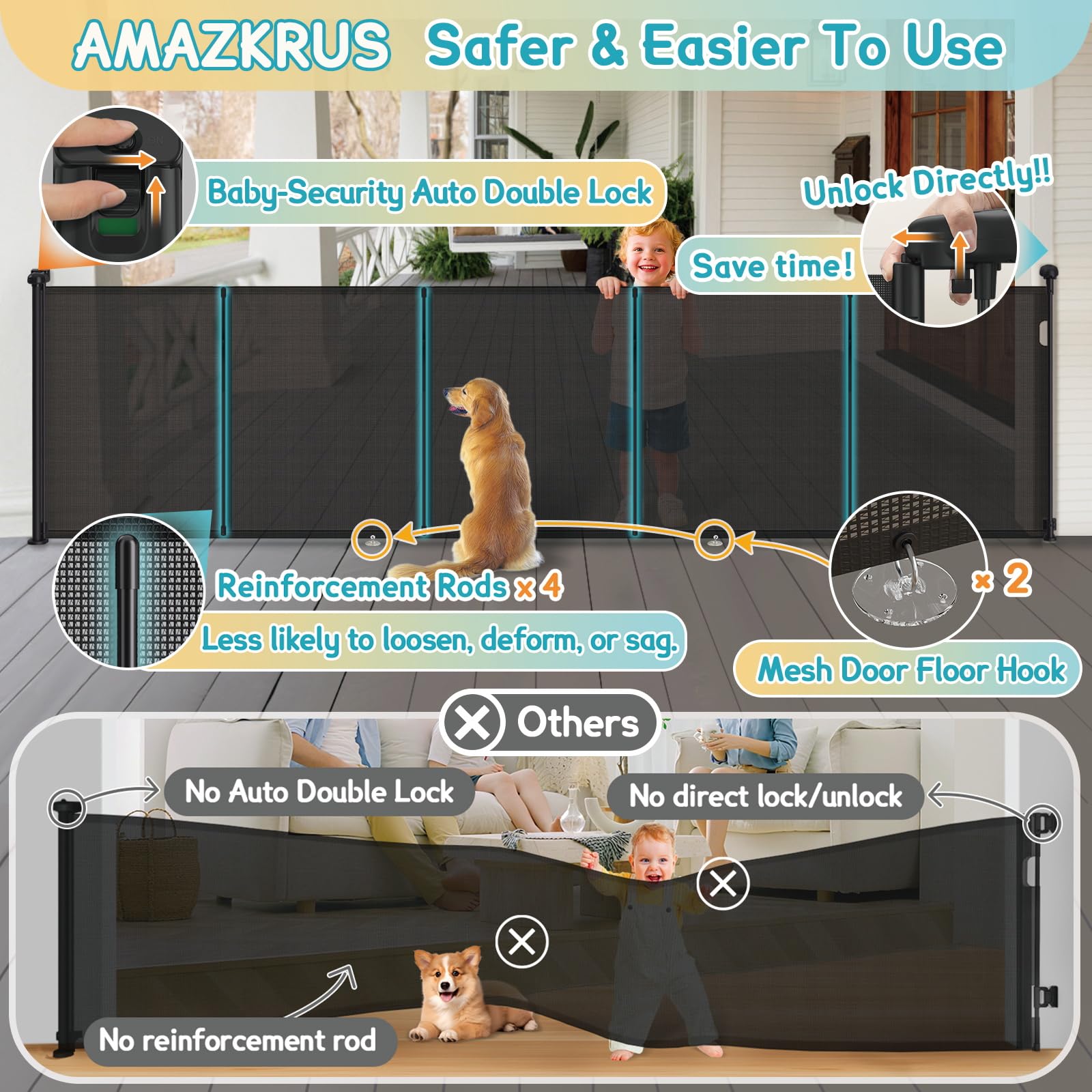 AMAZKRUS 42-inch tall gate blocks access while keeping sightlines clear.