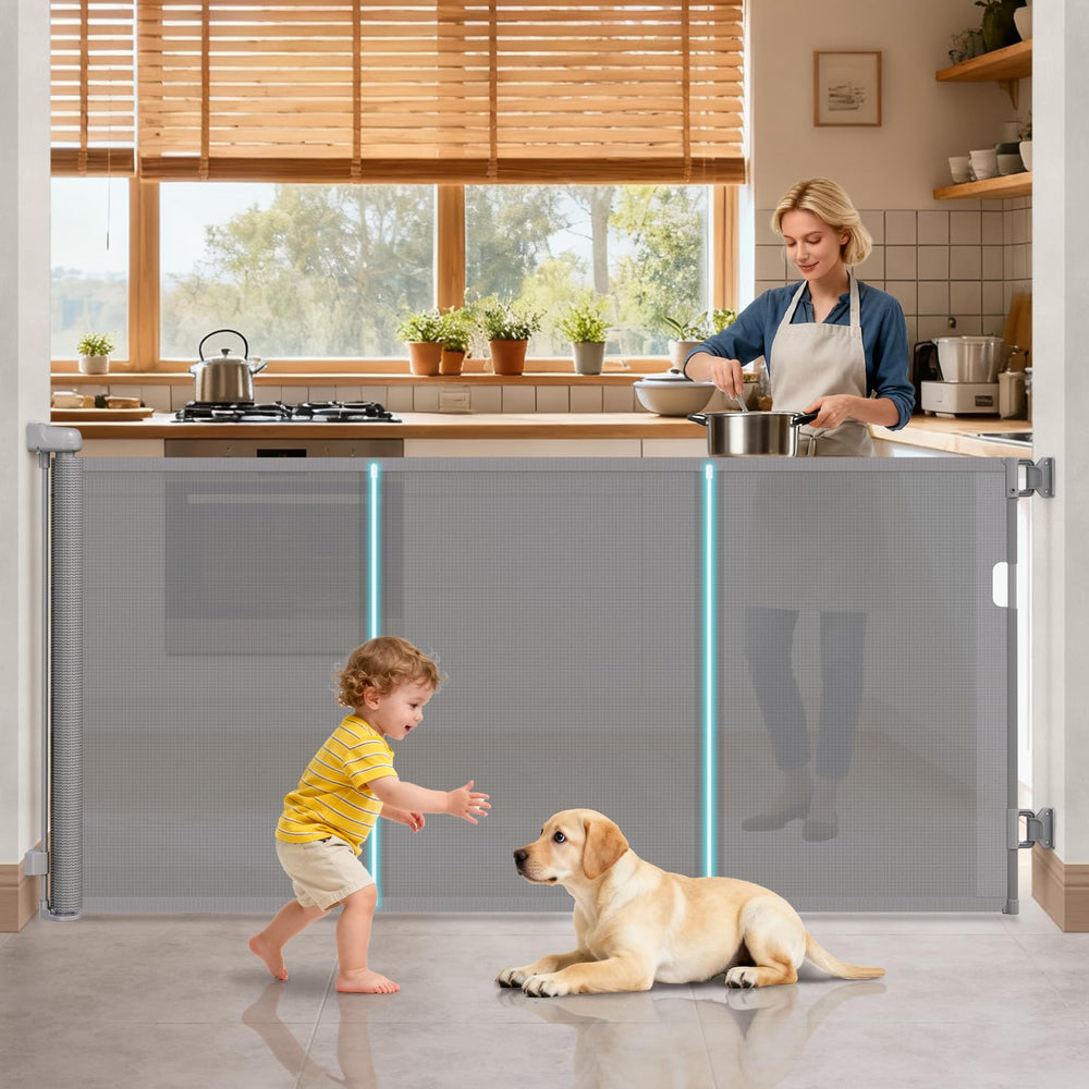 Amazkrus 71-inch retractable gate extended blocks wide doorways for safer kids and pets.
