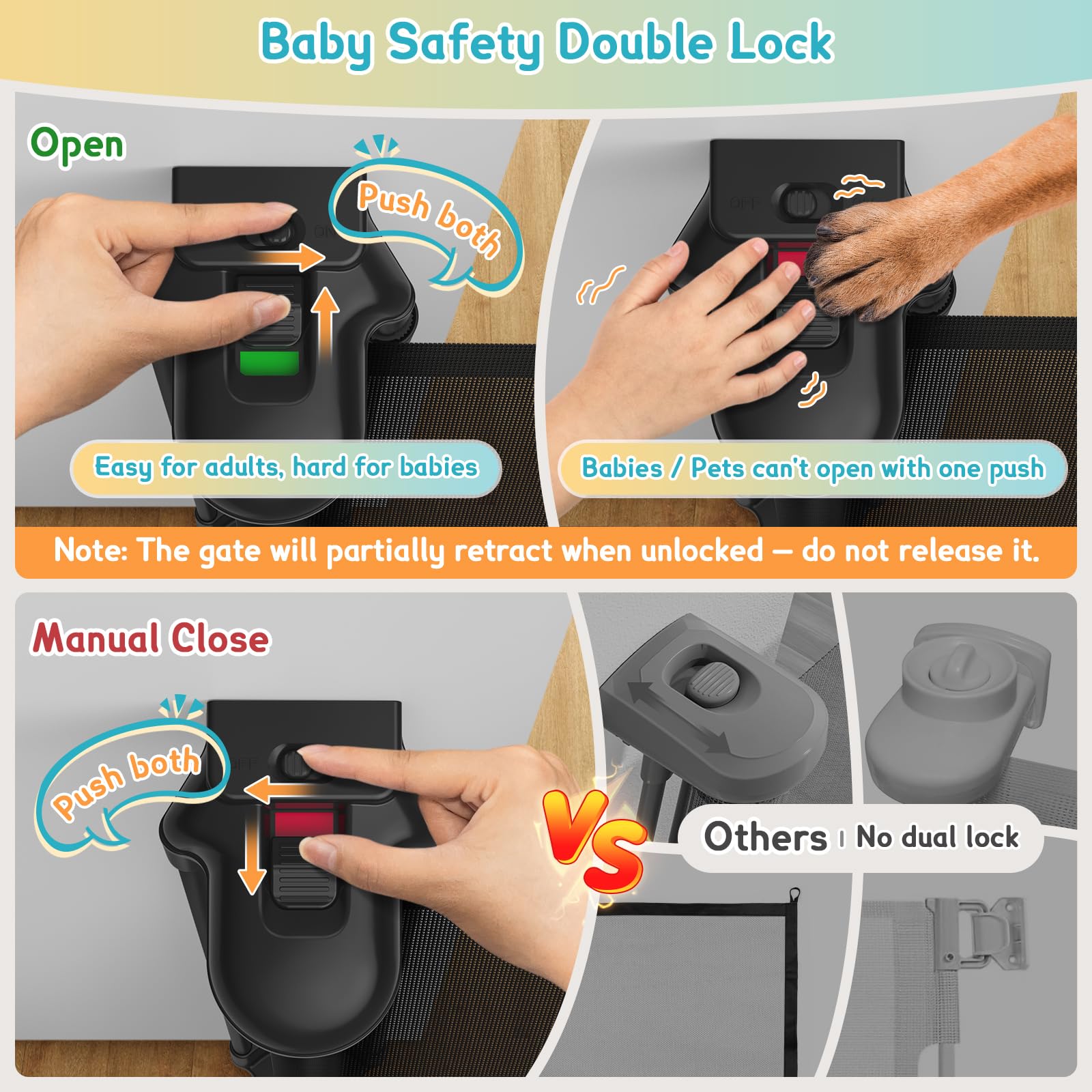 AMAZKRUS dual safety lock illustrates one-handed operation with child resistance
