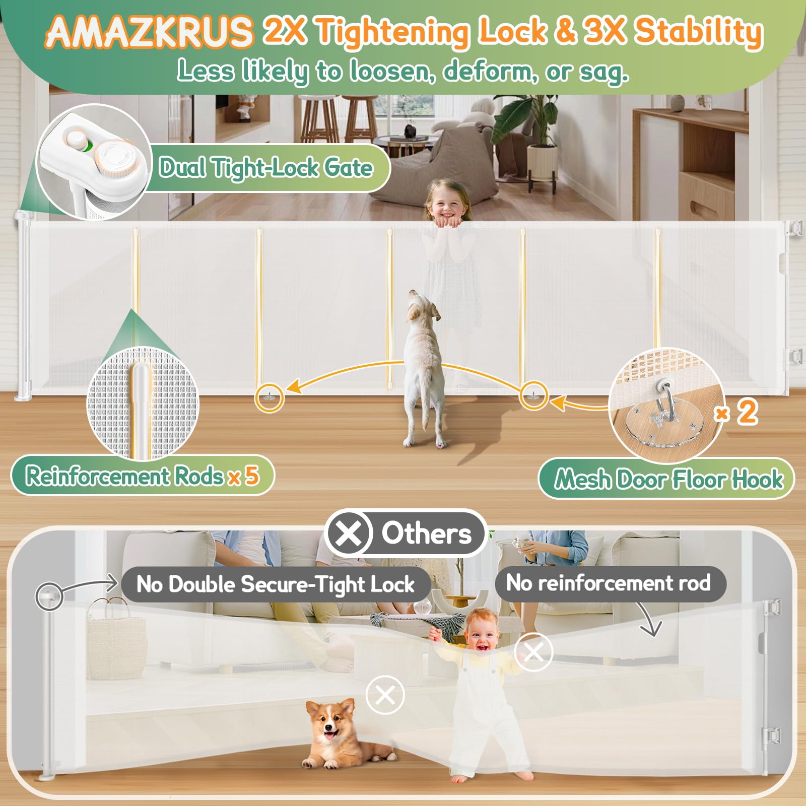 AMAZKRUS retractable gate-34in-tall tall barrier for doorways and stairs.
