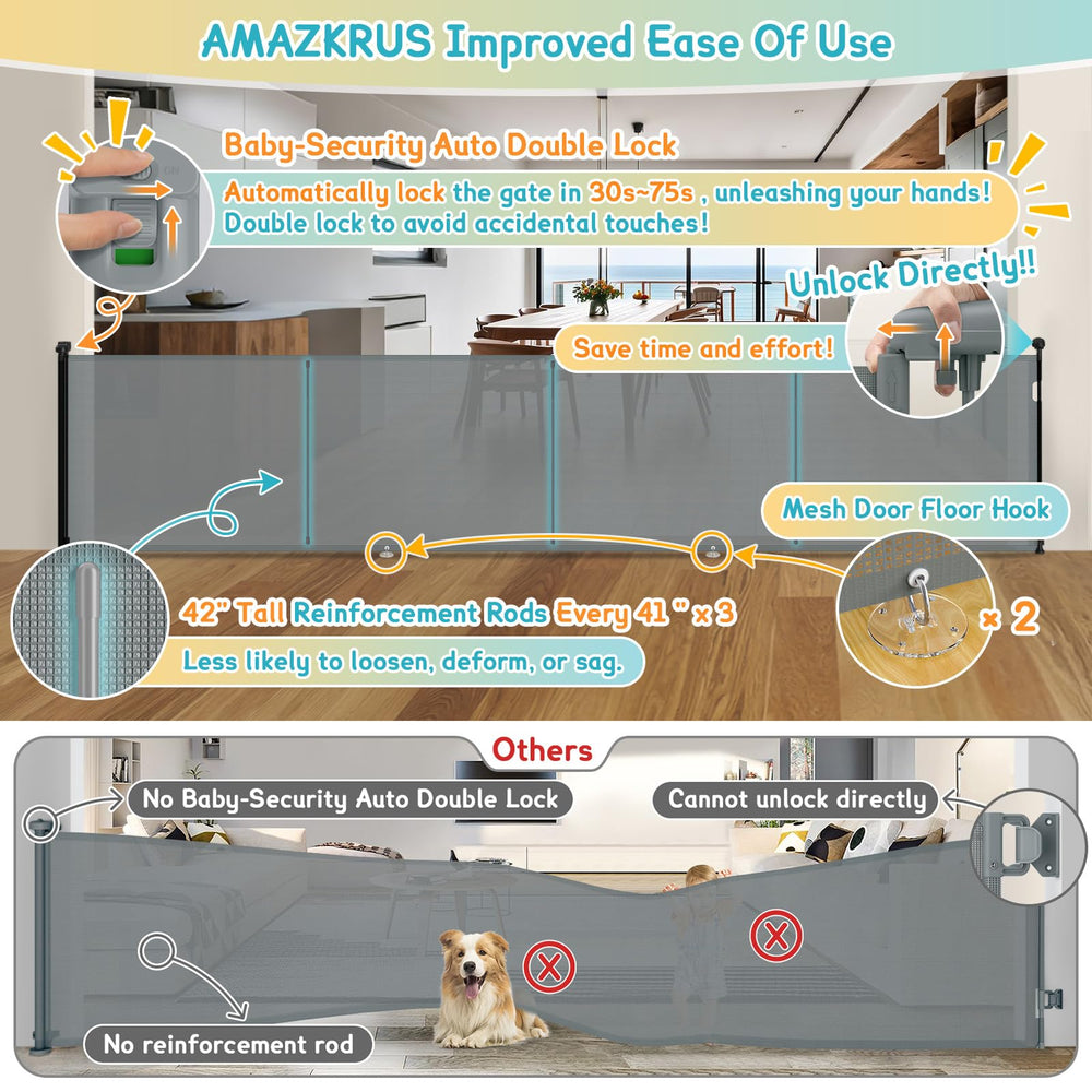AMAZKRUS retractable gate installed in a doorway with auto-lock feature visible
