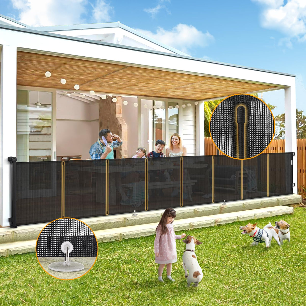 AMAZKRUS retractable gate extended to 150 inches for wide doorways, enabling easy child and pet separation