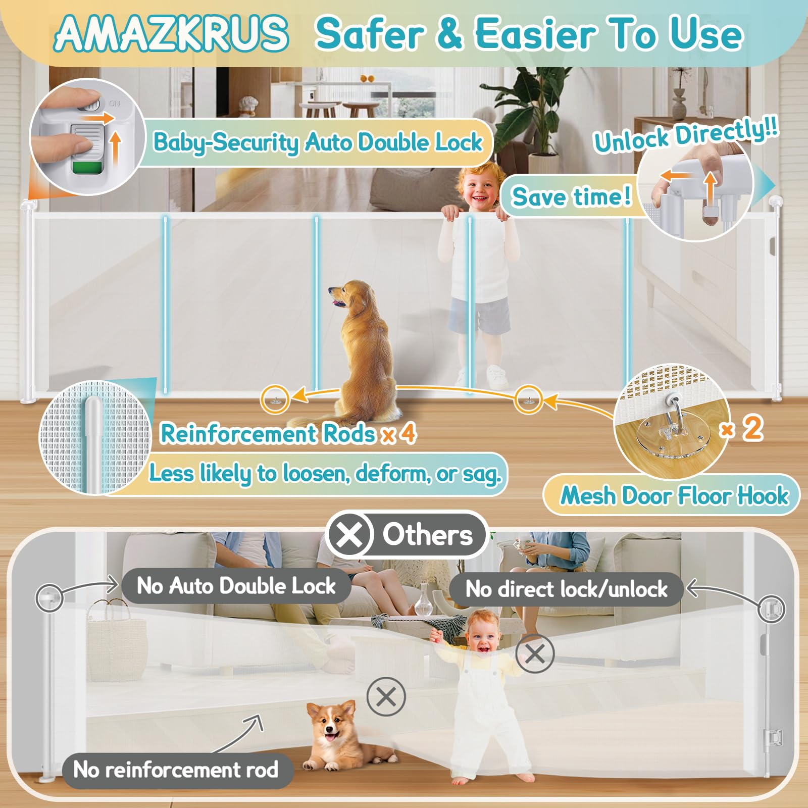 AMAZKRUS 160-inch gate fully extended for wide doorway coverage.