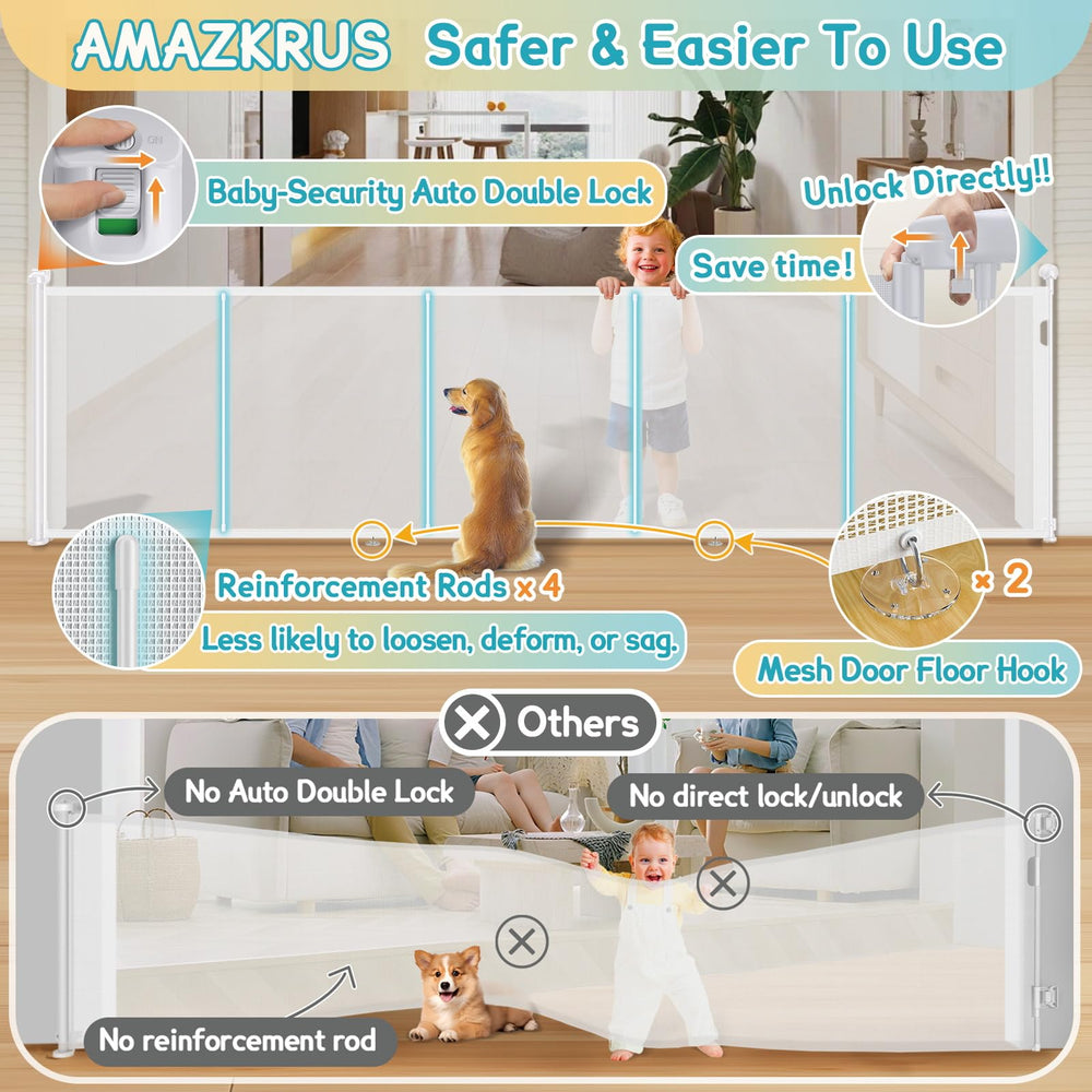 AMAZKRUS 160-inch gate fully extended for wide doorway coverage.