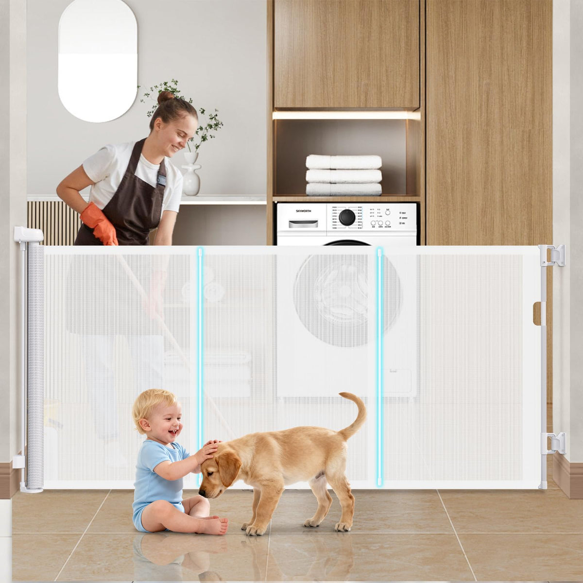 AMAZKRUS retractable gate setup shows quick installation and adjustable reach for wide spaces.