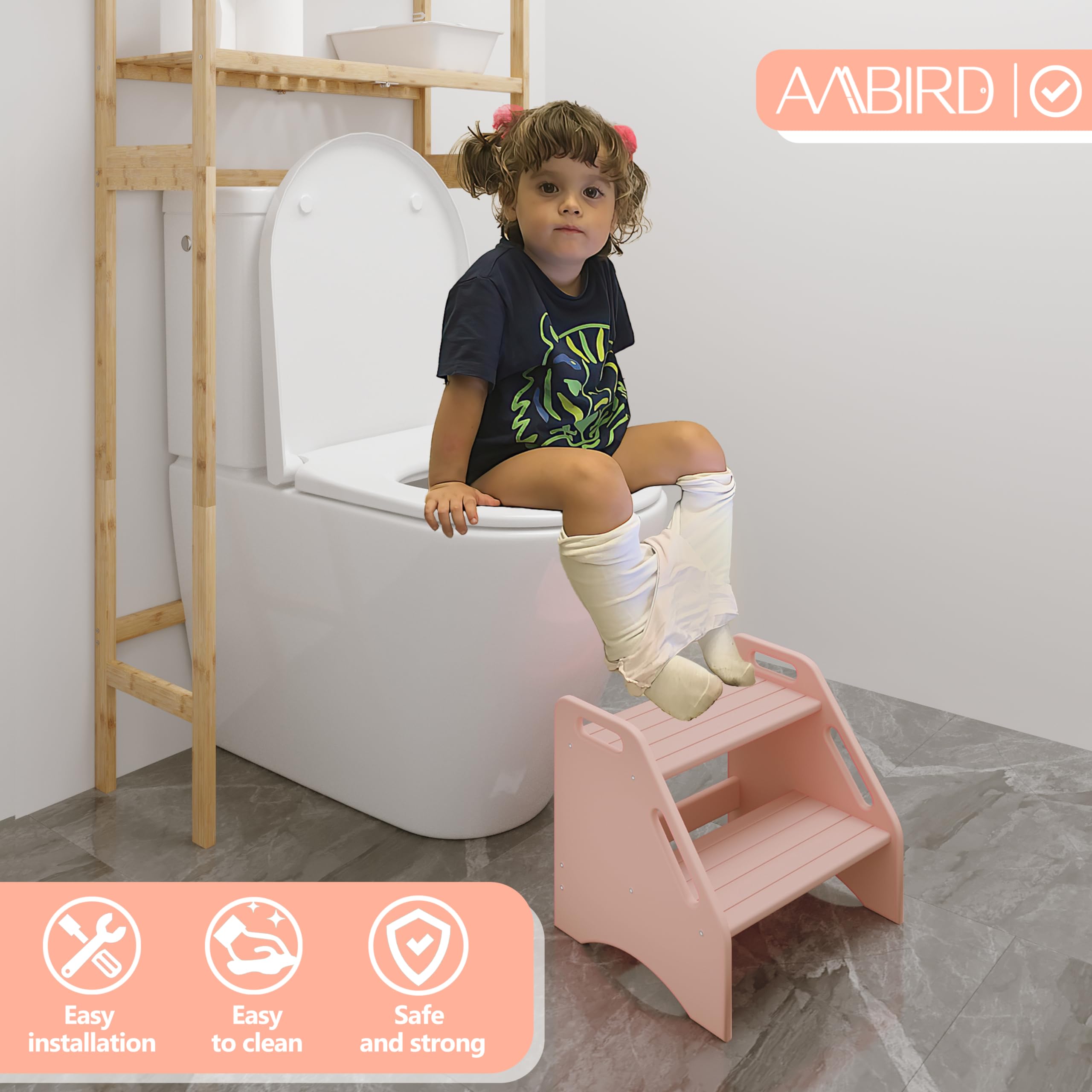 AMBIRD bamboo step stool bathroom non-slip pads ensure secure standing.