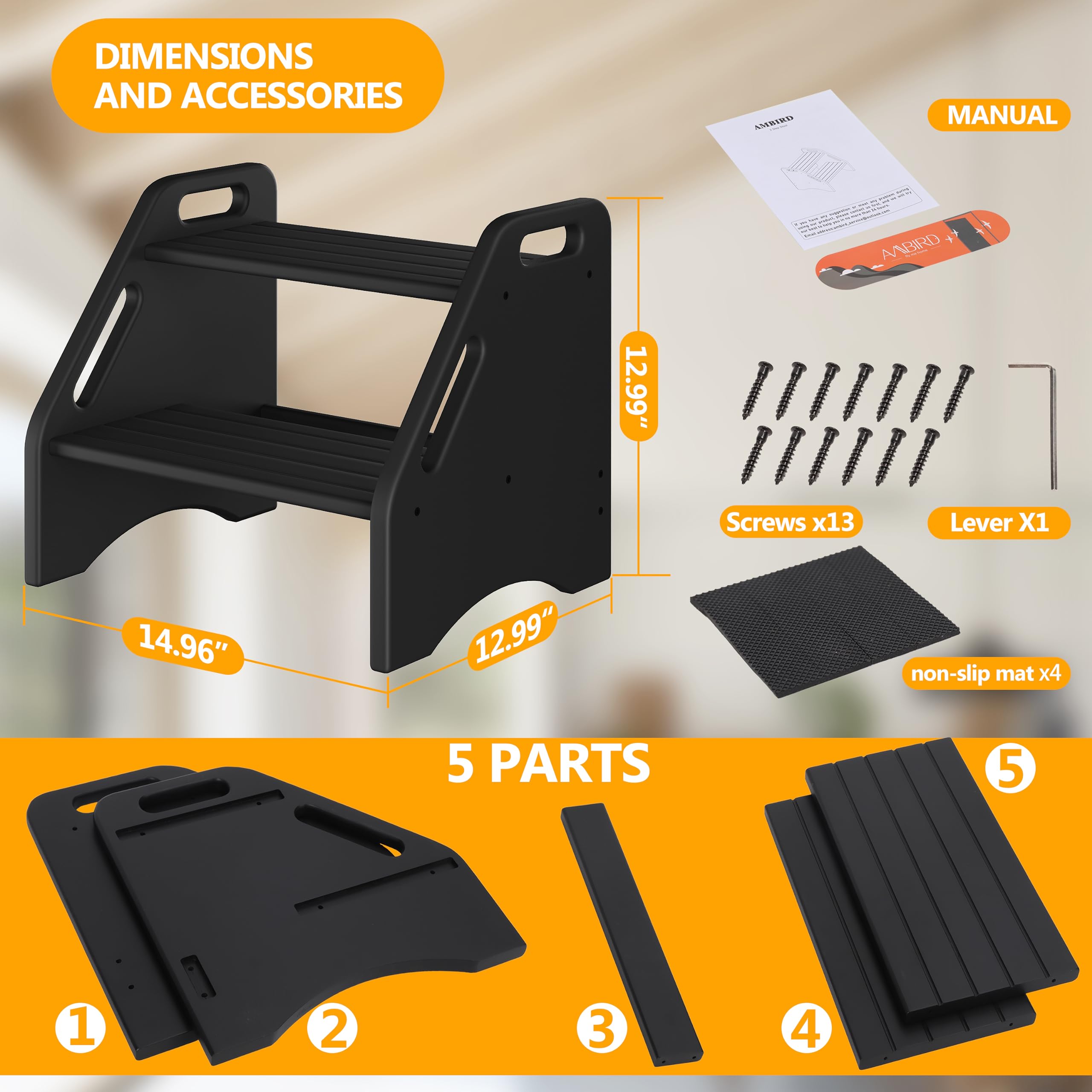 AMBIRD black finish step stool complements modern spaces while remaining durable