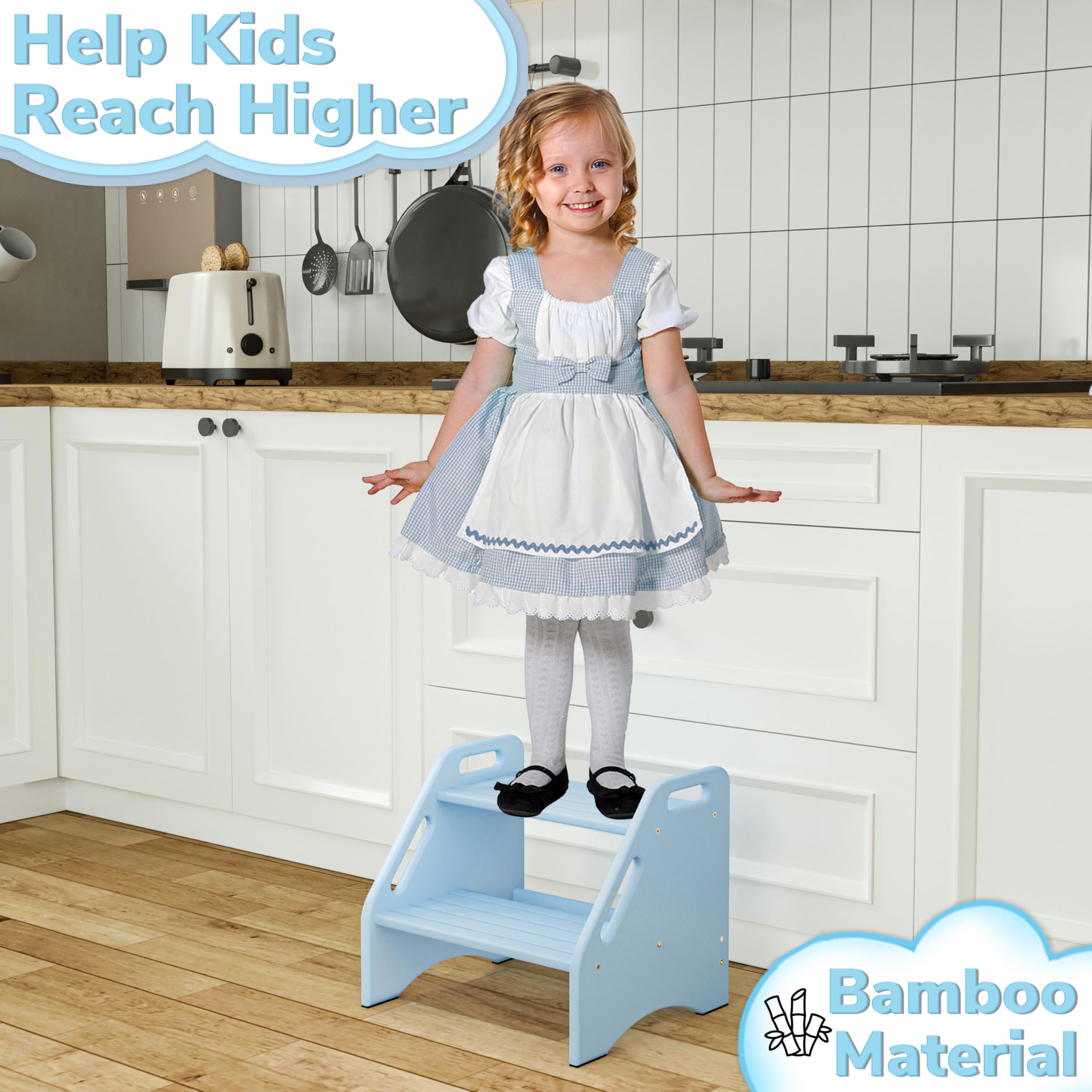 AMBIRD child using step stool demonstrates independence at sink or toilet.