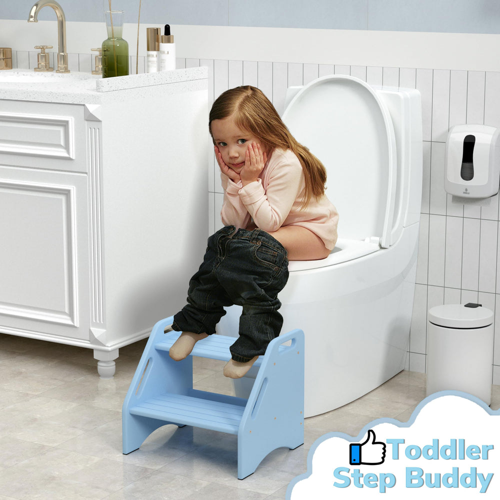 AMBIRD two-step stool shows side handles and top non-slip strip for security.