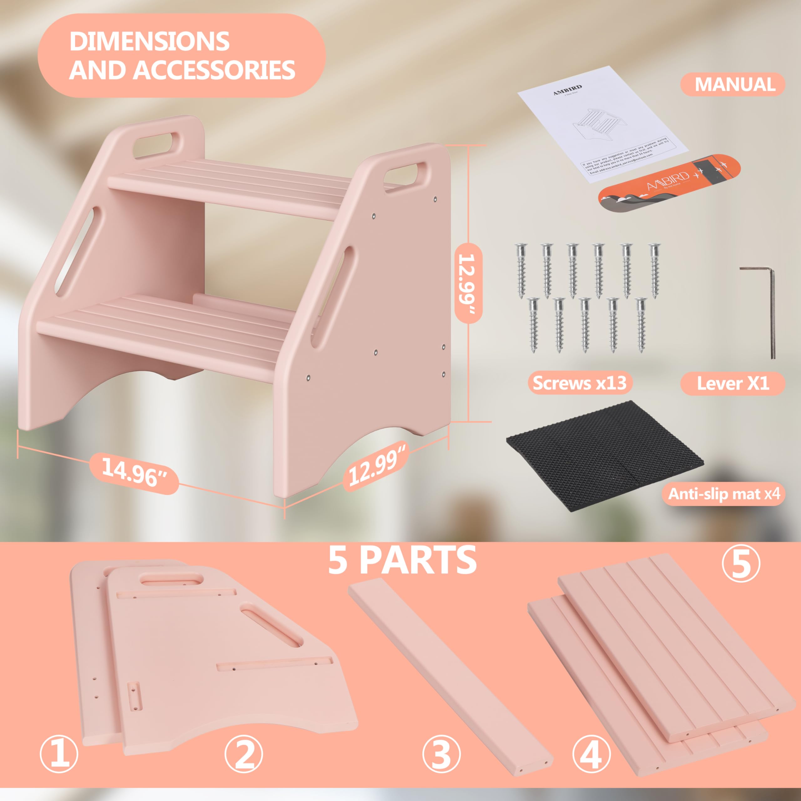 AMBIRD two-step stool assembly instructions included for quick setup.
