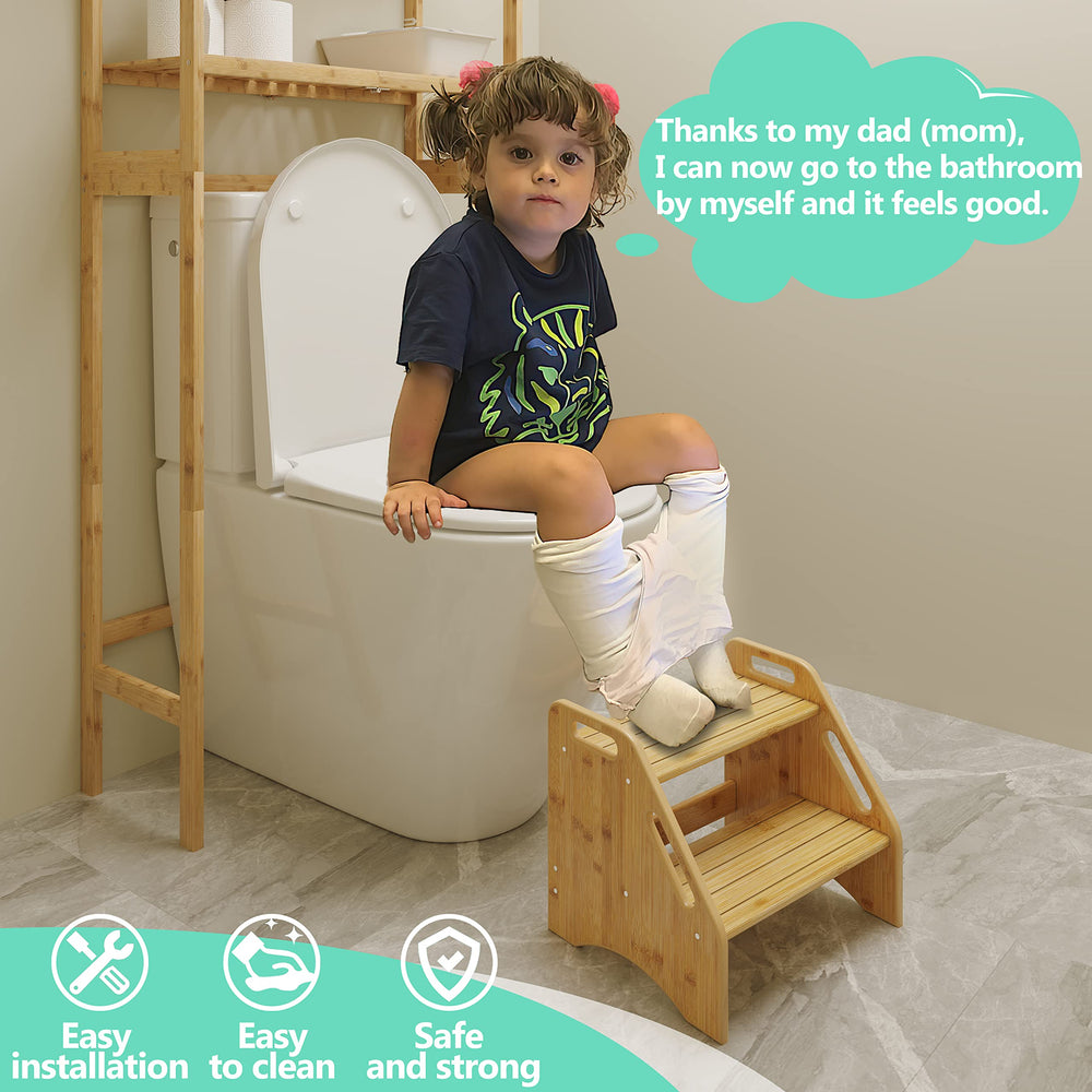 AMBIRD Wooden Step Stool bathroom-use image highlights stable footing by the toilet