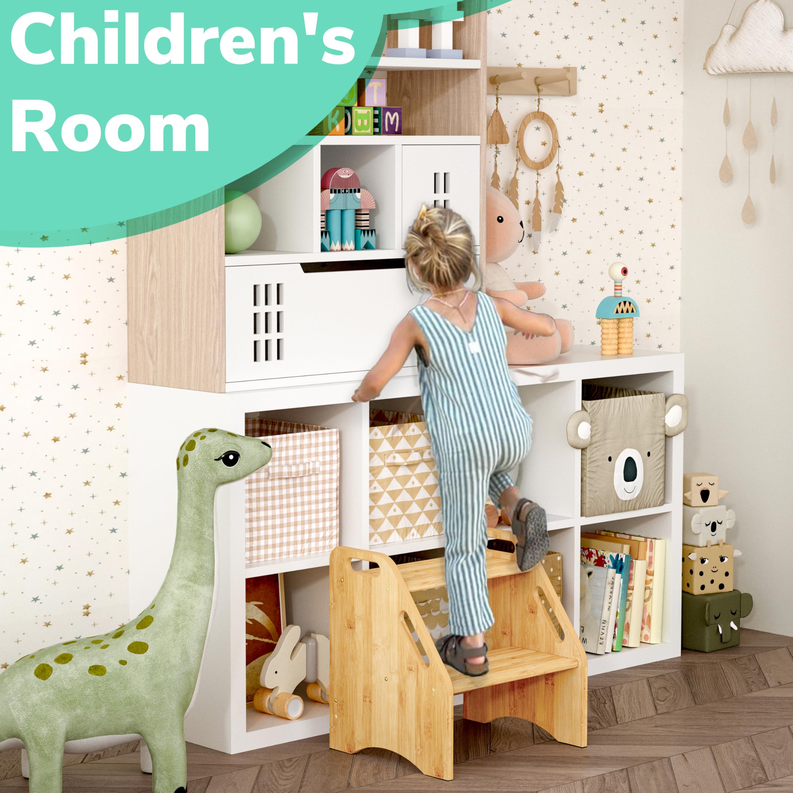 AMBIRD wooden step stool bathroom use helps kids reach sinks safely.