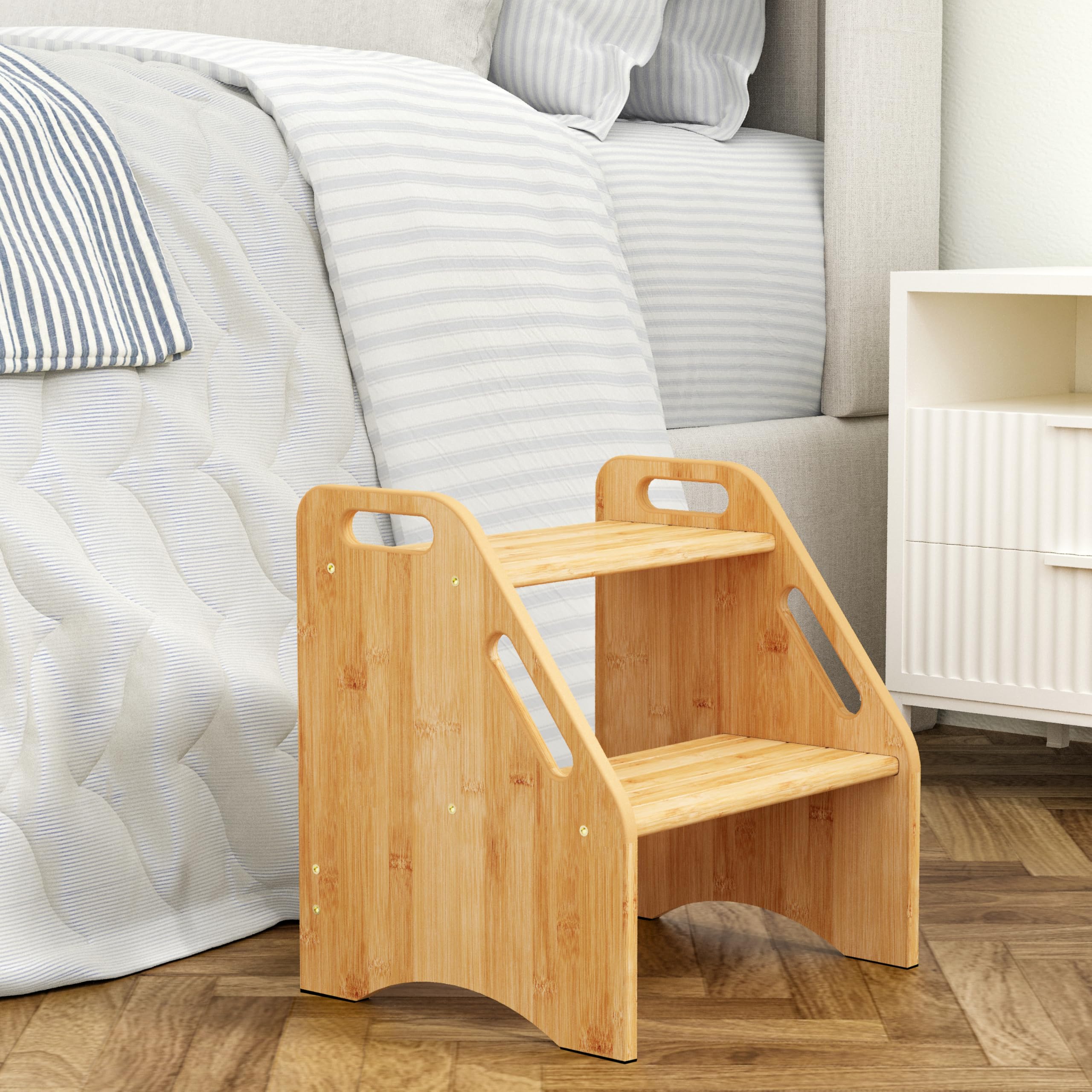 AMBIRD wooden step stool front view shows natural bamboo for everyday reach.