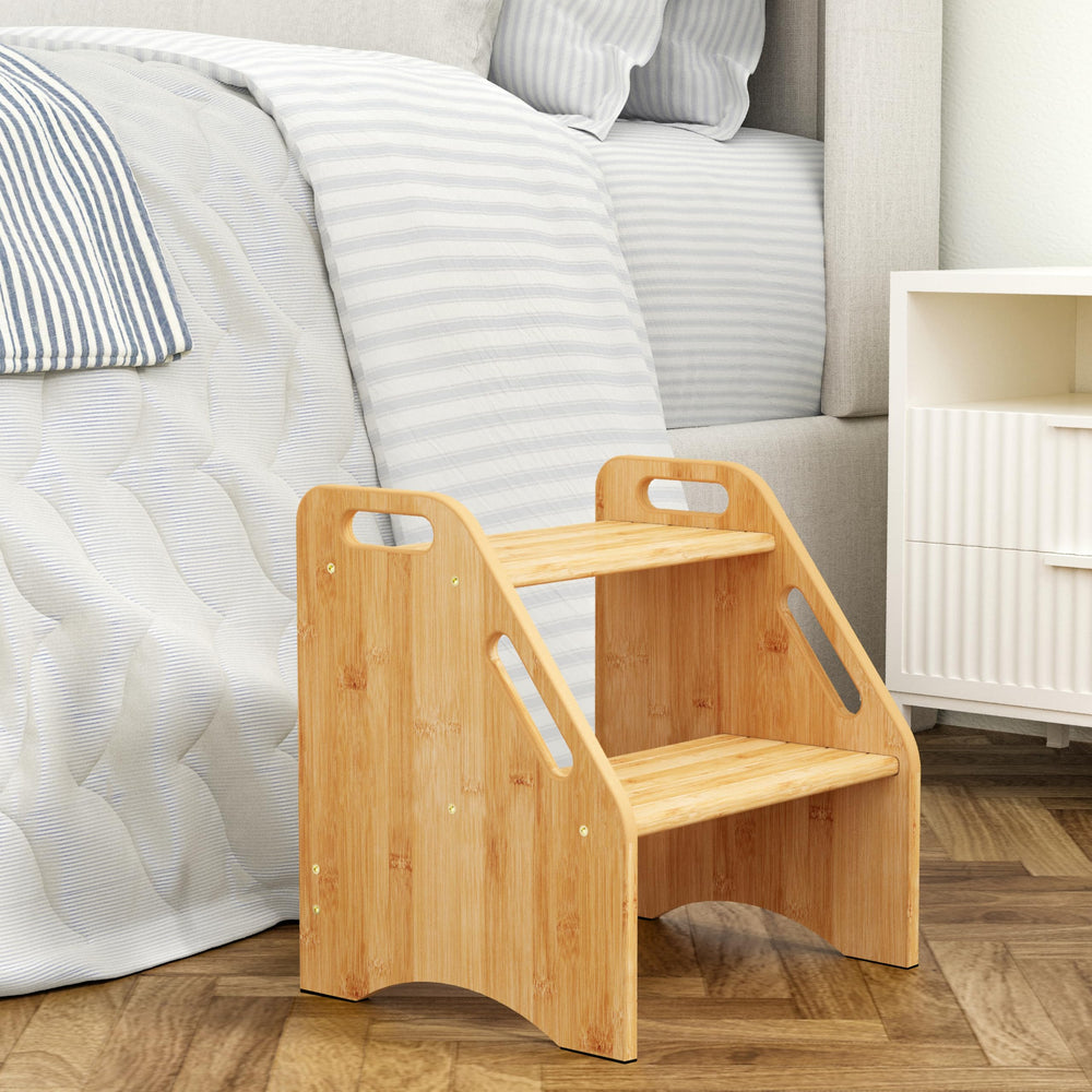 AMBIRD wooden step stool front view shows natural bamboo for everyday reach.
