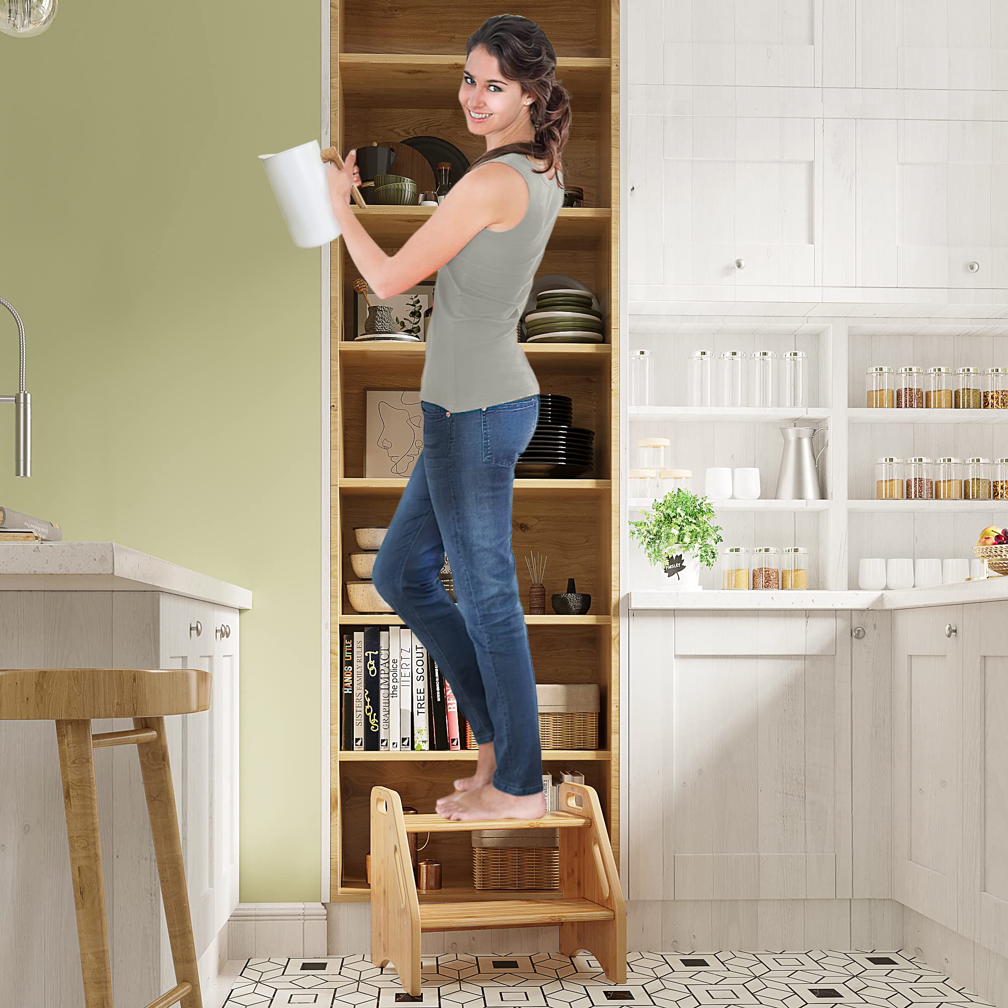 AMBIRD Wooden Step Stool handrails image communicates extra support for independence