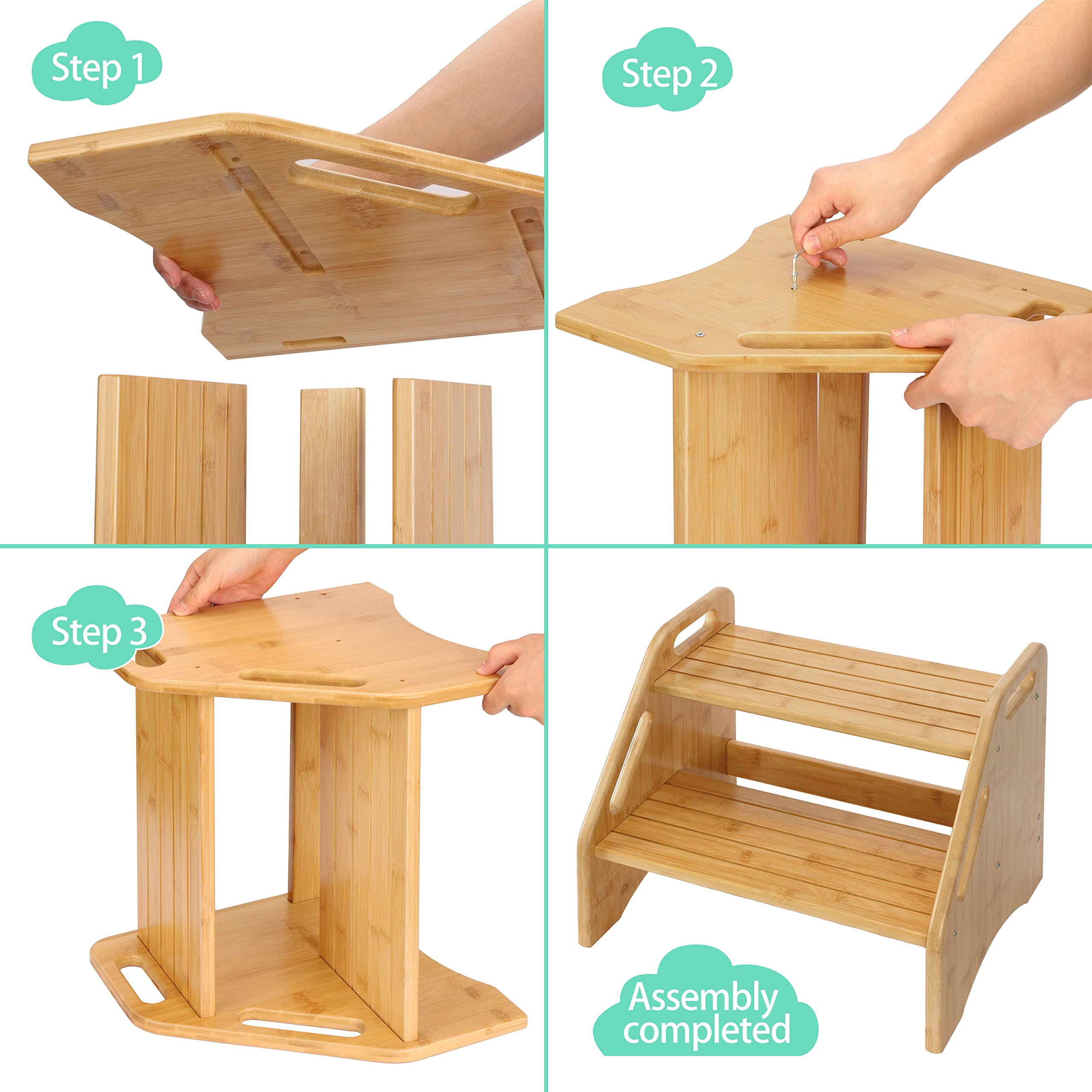 AMBIRD Wooden Step Stool installation image indicates quick 5-10 minute setup