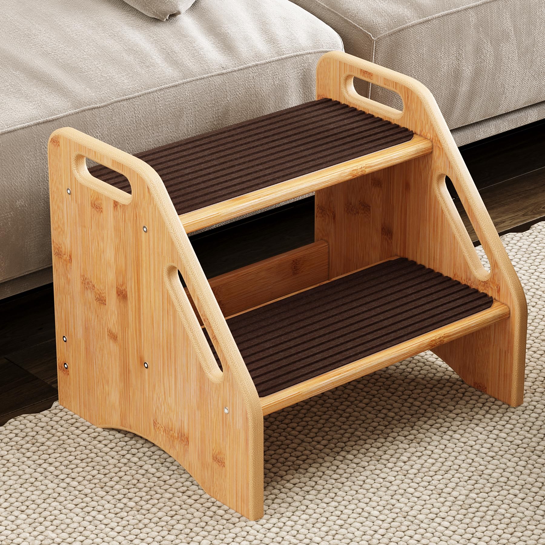 AMBIRD wooden step stool side view highlights sturdy bamboo construction for kitchen and bath reach